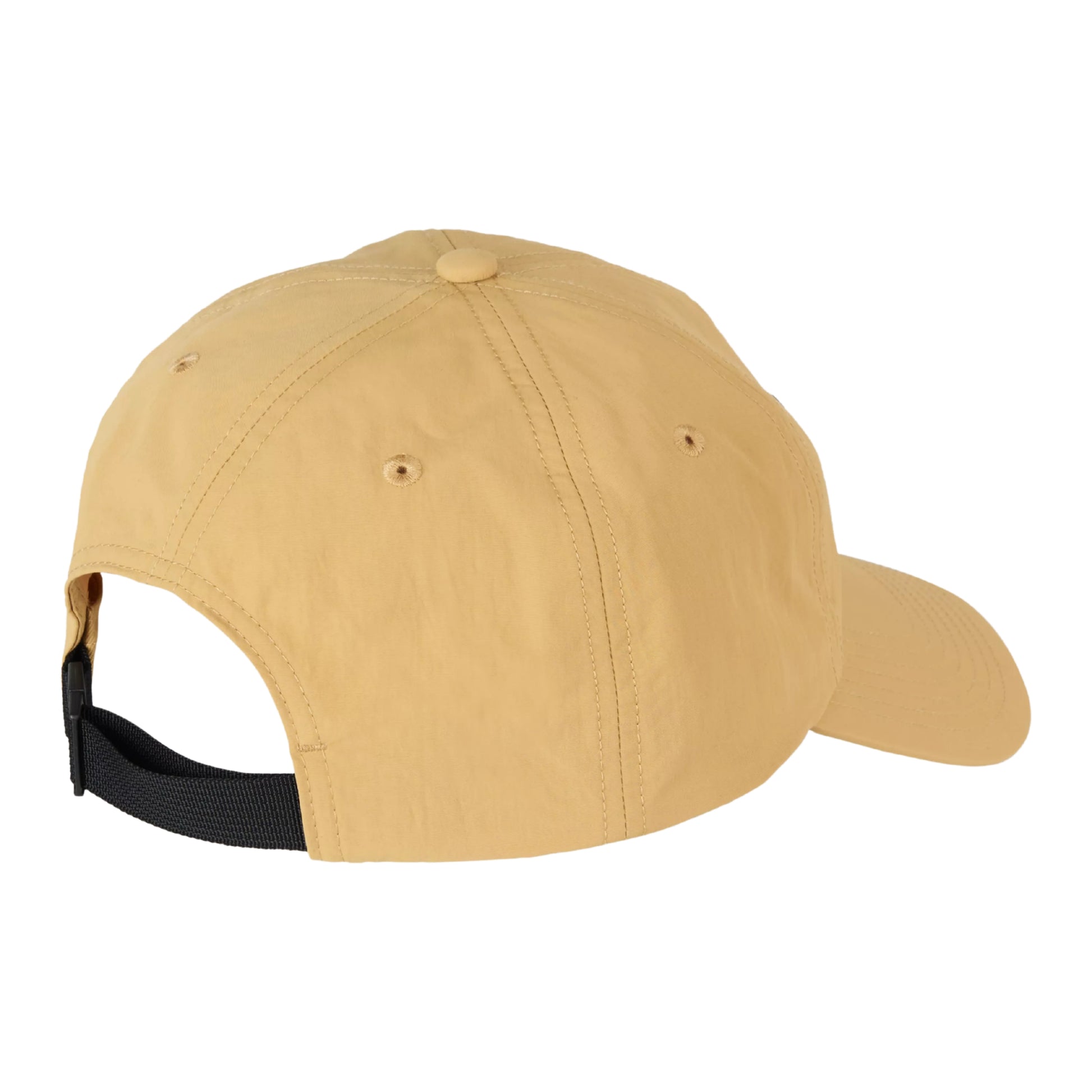 Boné Carhartt WIP Arch Script Cap em Dusty H Brown — vista traseira, boné de cinco painéis em nylon amarelo-camel com tira ajustável preta e fecho traseiro, pala rígida e plana, fundo branco.