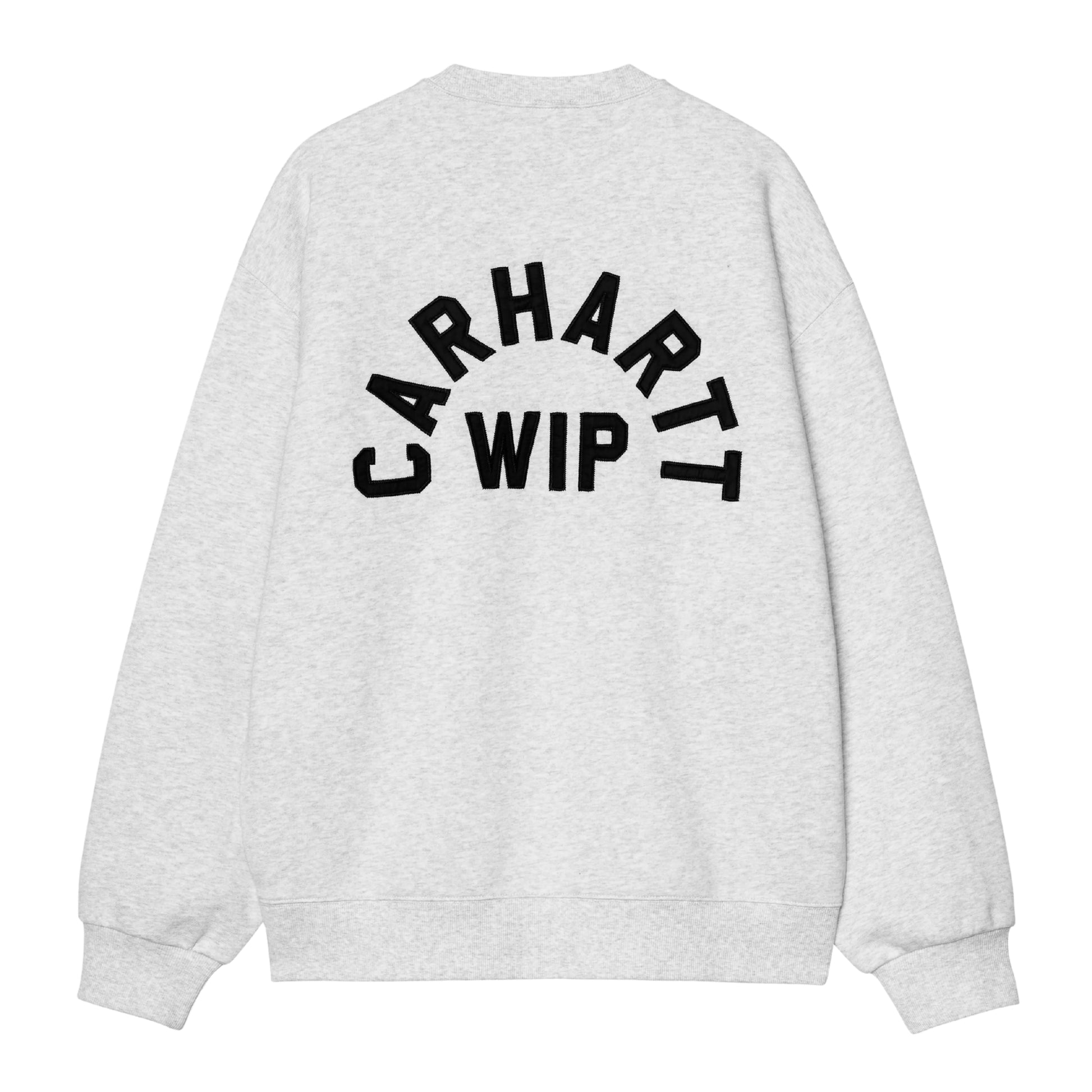 Sweat Carhartt WIP Arch Script em Ash Heather / Dark Navy Stone Washed — vista traseira, produto sem modelo, bordado em arco "Carhartt WIP" em Dark Navy em grande escala nas costas, malha escovada Ash Heather stone washed, punhos e bainha canelados visíveis, fundo branco.