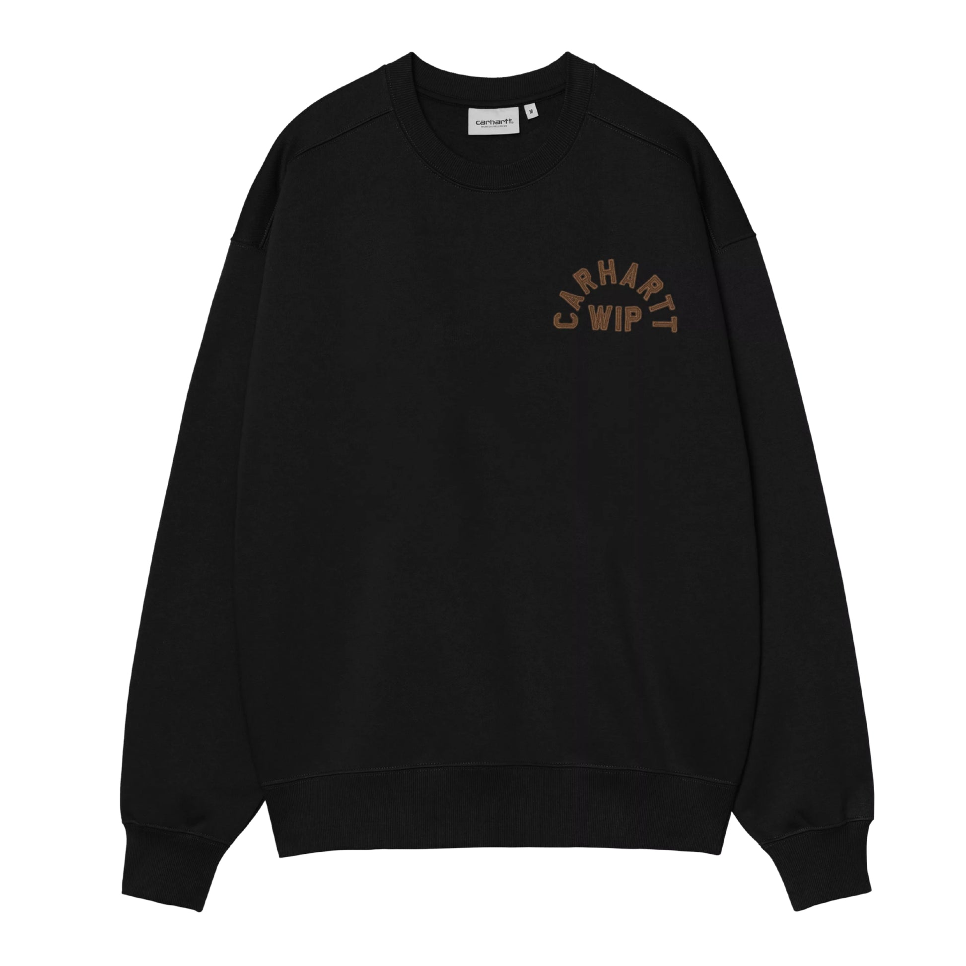 Sweat Carhartt WIP Arch Script em Black / Hamilton Brown Stone Washed — vista frontal, produto sem modelo, bordado em arco "Carhartt WIP" em Hamilton Brown no peito esquerdo, etiqueta Carhartt WIP branca no interior do decote redondo, malha escovada preta stone washed, punhos e bainha canelados visíveis, fundo branco.
