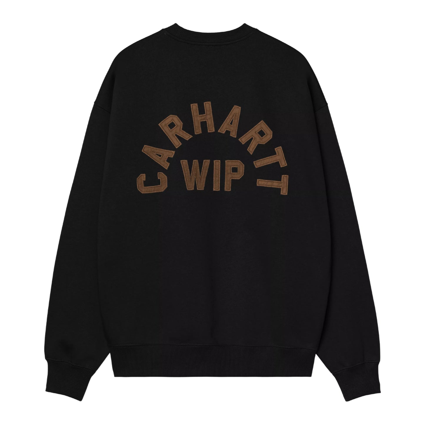 Sweat Carhartt WIP Arch Script em Black / Hamilton Brown Stone Washed — vista traseira, produto sem modelo, bordado em arco "Carhartt WIP" em Hamilton Brown em grande escala nas costas, malha escovada preta stone washed, punhos e bainha canelados visíveis, fundo branco.
