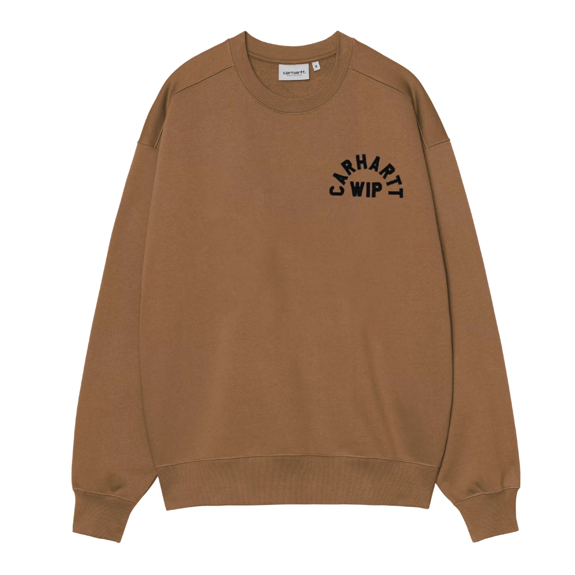 Sweat para homem Carhartt WIP Arch Script em WIP H Brown / Black Stone Washed — vista frontal, produto sem modelo, bordado em arco "Carhartt WIP" em preto no peito esquerdo, etiqueta Carhartt WIP branca no interior do decote redondo, malha escovada WIP H Brown stone washed, punhos e bainha canelados visíveis, fundo branco.