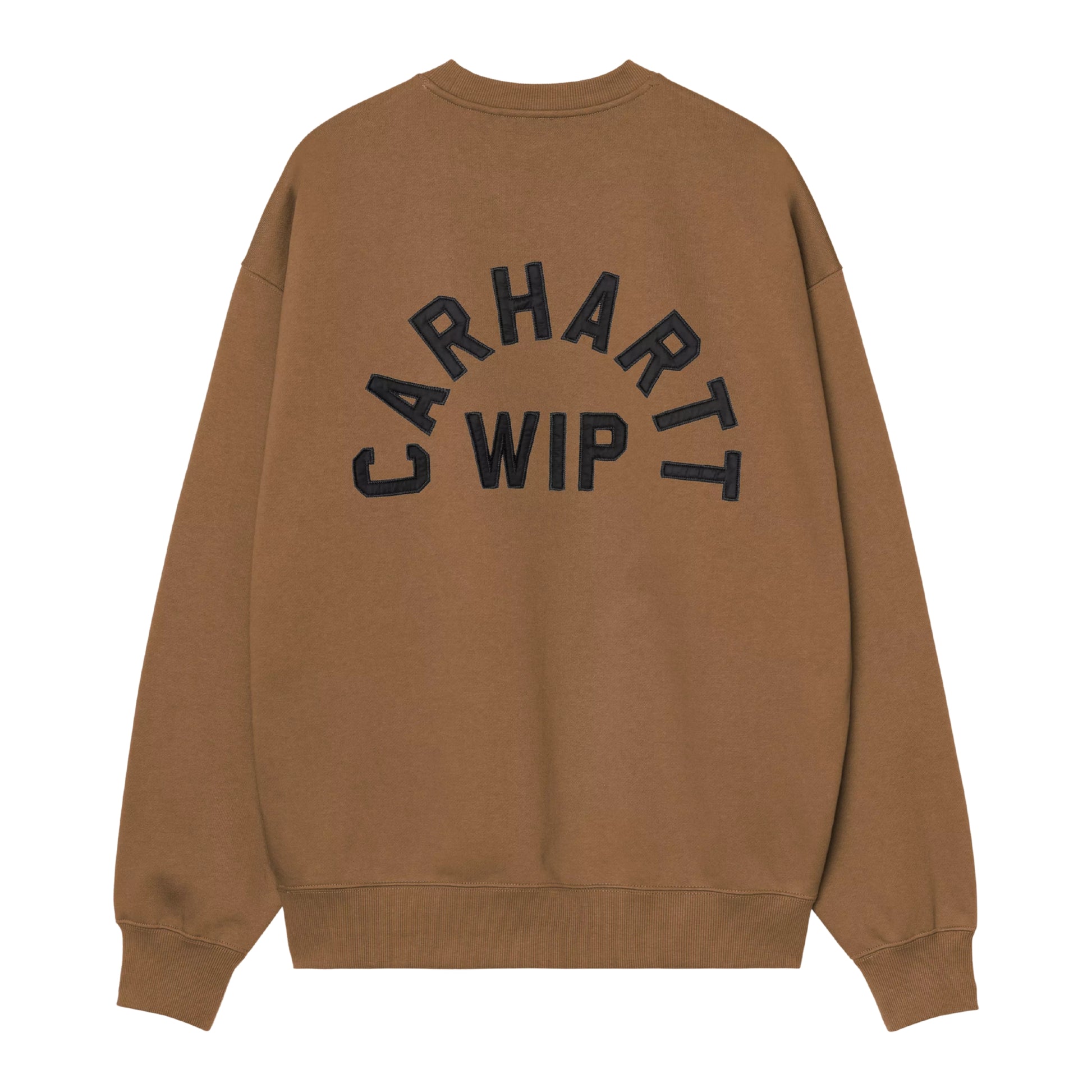Sweat para homem Carhartt WIP Arch Script em WIP H Brown / Black Stone Washed — vista traseira, produto sem modelo, bordado em arco "Carhartt WIP" em preto em grande escala nas costas, malha escovada WIP H Brown stone washed, punhos e bainha canelados visíveis, fundo branco.