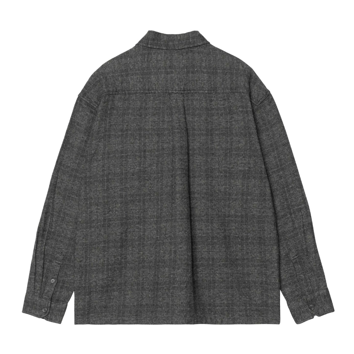 Camisa de manga comprida Carhartt WIP L/S Bagley em Bagley Check Preto — vista traseira, produto sem modelo, xadrez Bagley Check cinzento antracite, pala traseira central, manga comprida com punho com botão, corte loose, fundo branco.