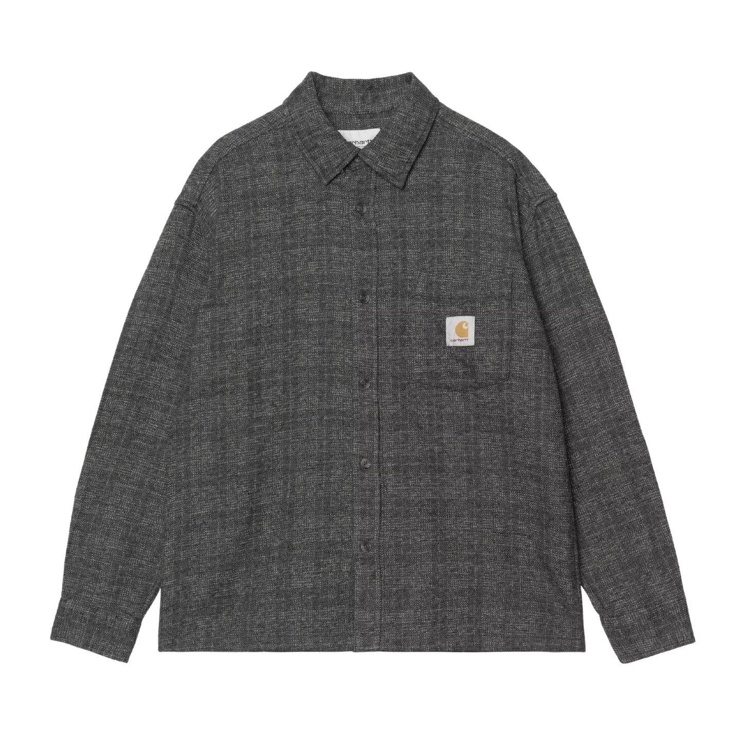 Camisa de manga comprida Carhartt WIP L/S Bagley em Bagley Check Preto — vista frontal, produto sem modelo, xadrez Bagley Check cinzento antracite mesclado com fios contrastantes, colarinho de gola clássico, botões discretos, bolso de peito com Square Label Carhartt WIP dourada, etiqueta interior Carhartt na gola, corte loose, fundo branco.