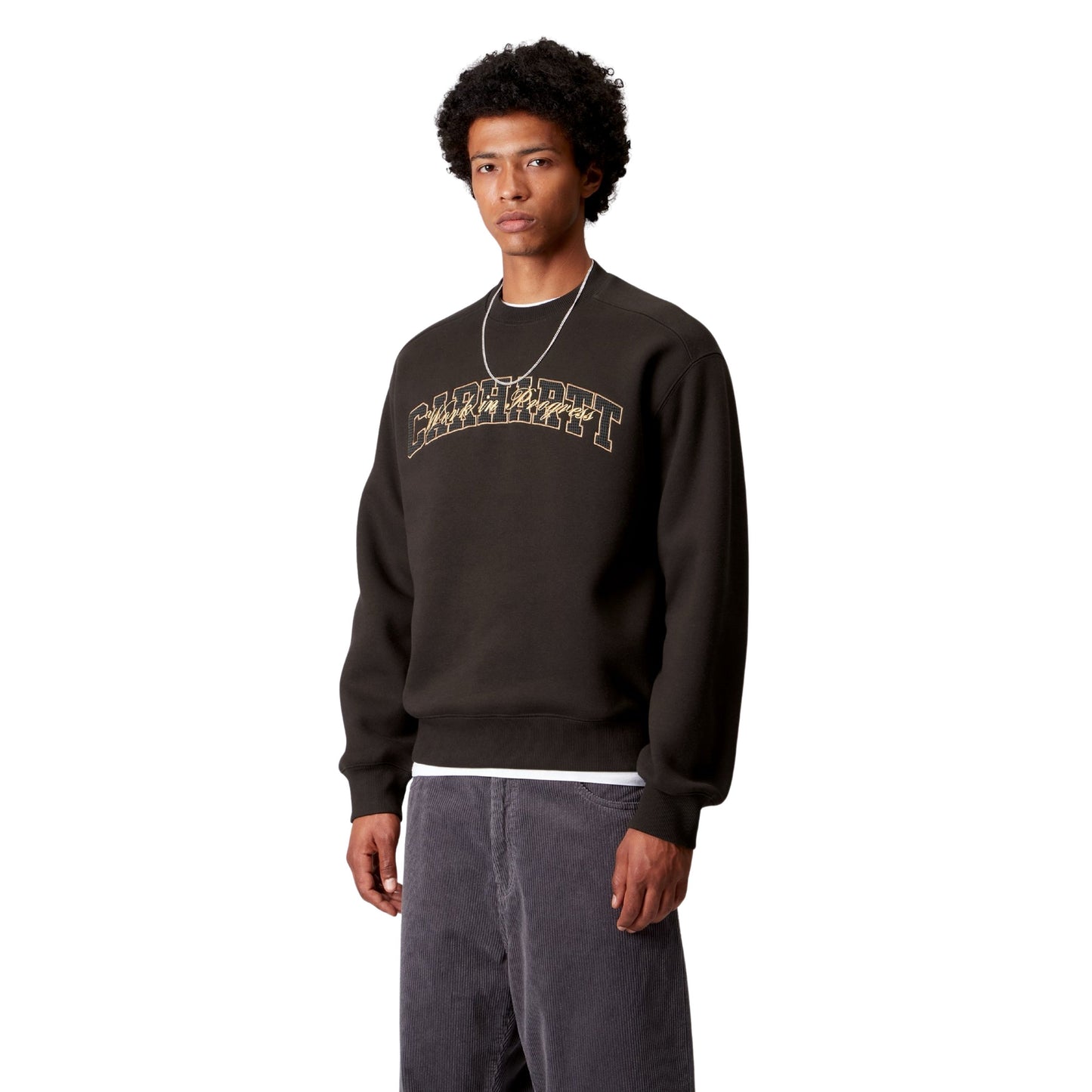 Sweat para homem Carhartt WIP Big School em Tobacco. Foto da parte da frente, vestida.