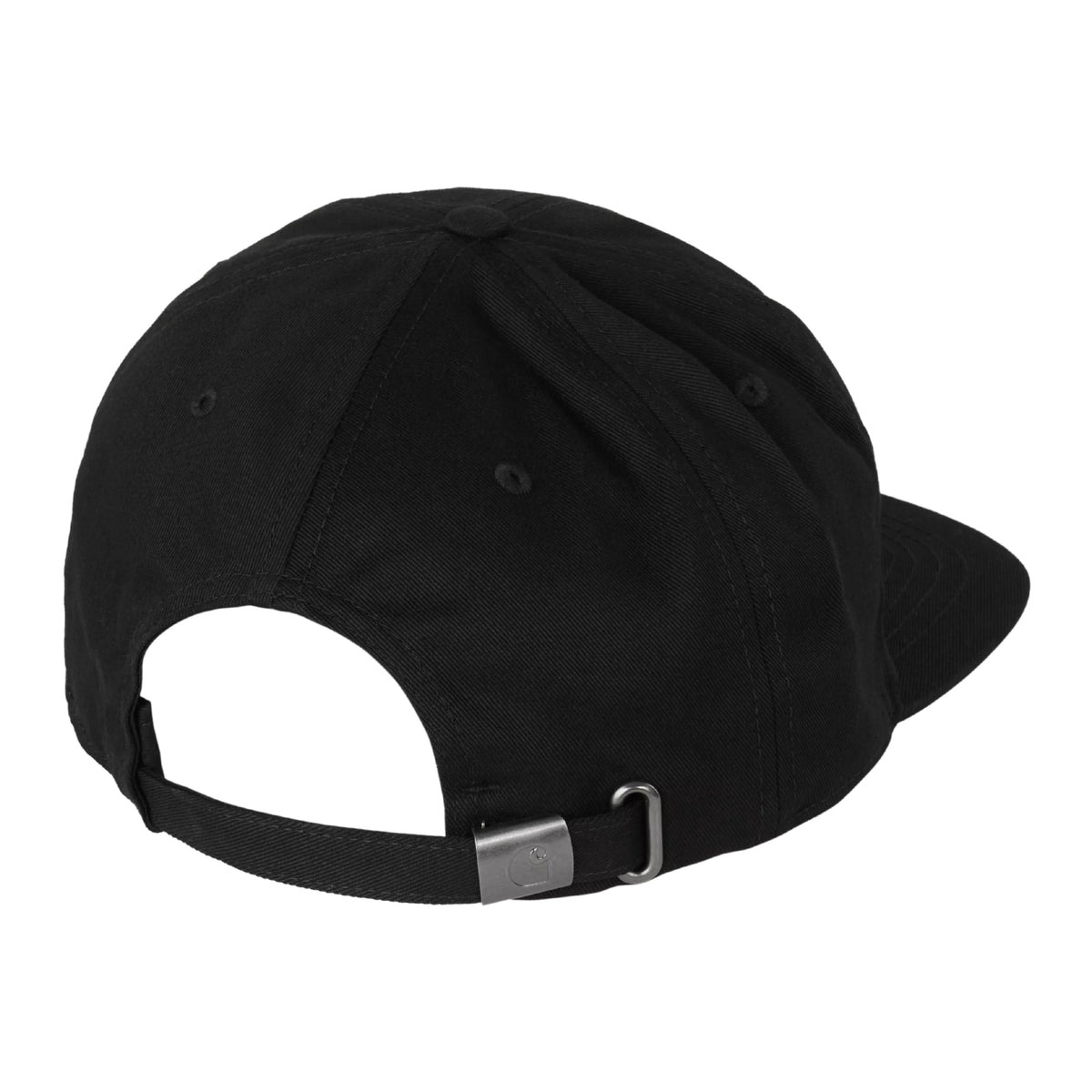 Boné Carhartt WIP Blackletter Cap em Preto — vista de costas sem modelo, correia ajustável em sarja preta com fivela metálica prateada, pala plana, fundo branco.