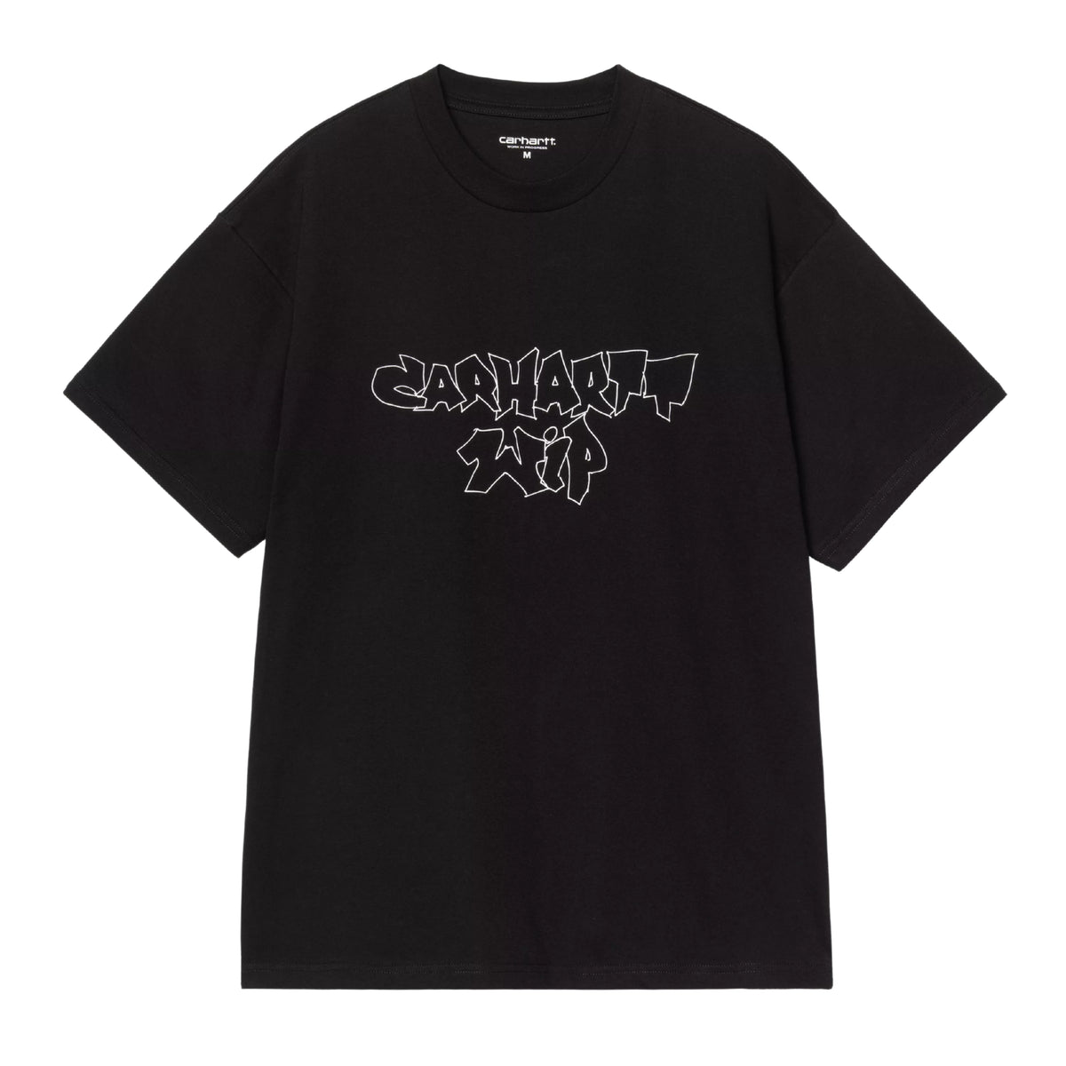 T-shirt de manga curta Carhartt WIP Blinkerfluid preta vista de frente, sem modelo, com gola redonda e lettering Carhartt WIP de contorno claro no peito.