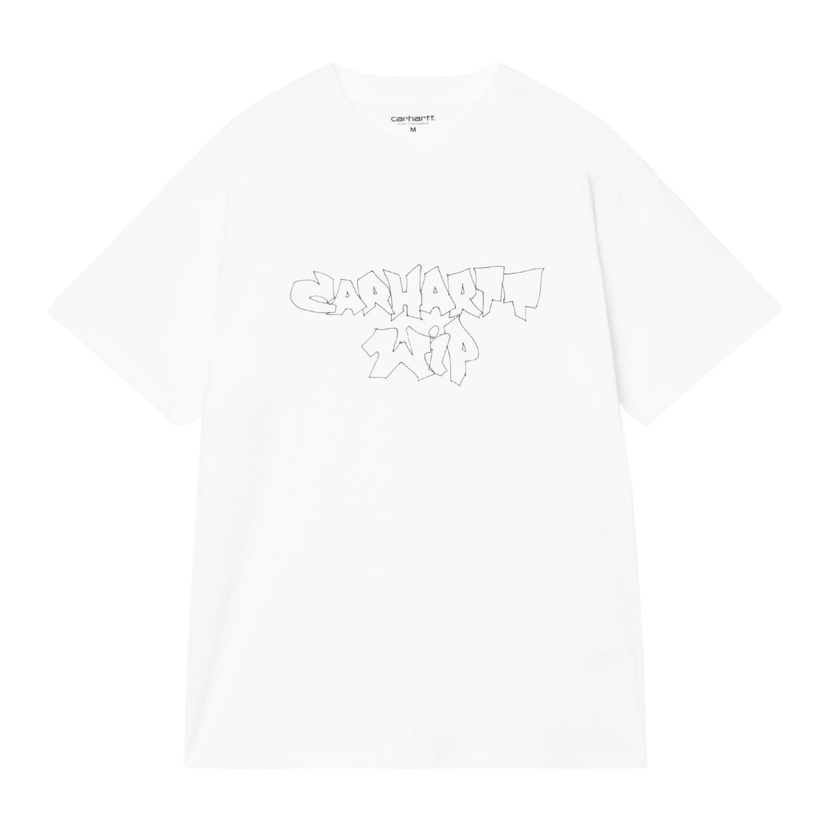 T-shirt de manga curta Carhartt WIP S/S Blinkerfluid em Branco — flat lay de frente, t-shirt branca com gráfico graffiti outline Carhartt WIP em cinza no peito, decote redondo, etiqueta Carhartt visível na gola interior, fundo branco.