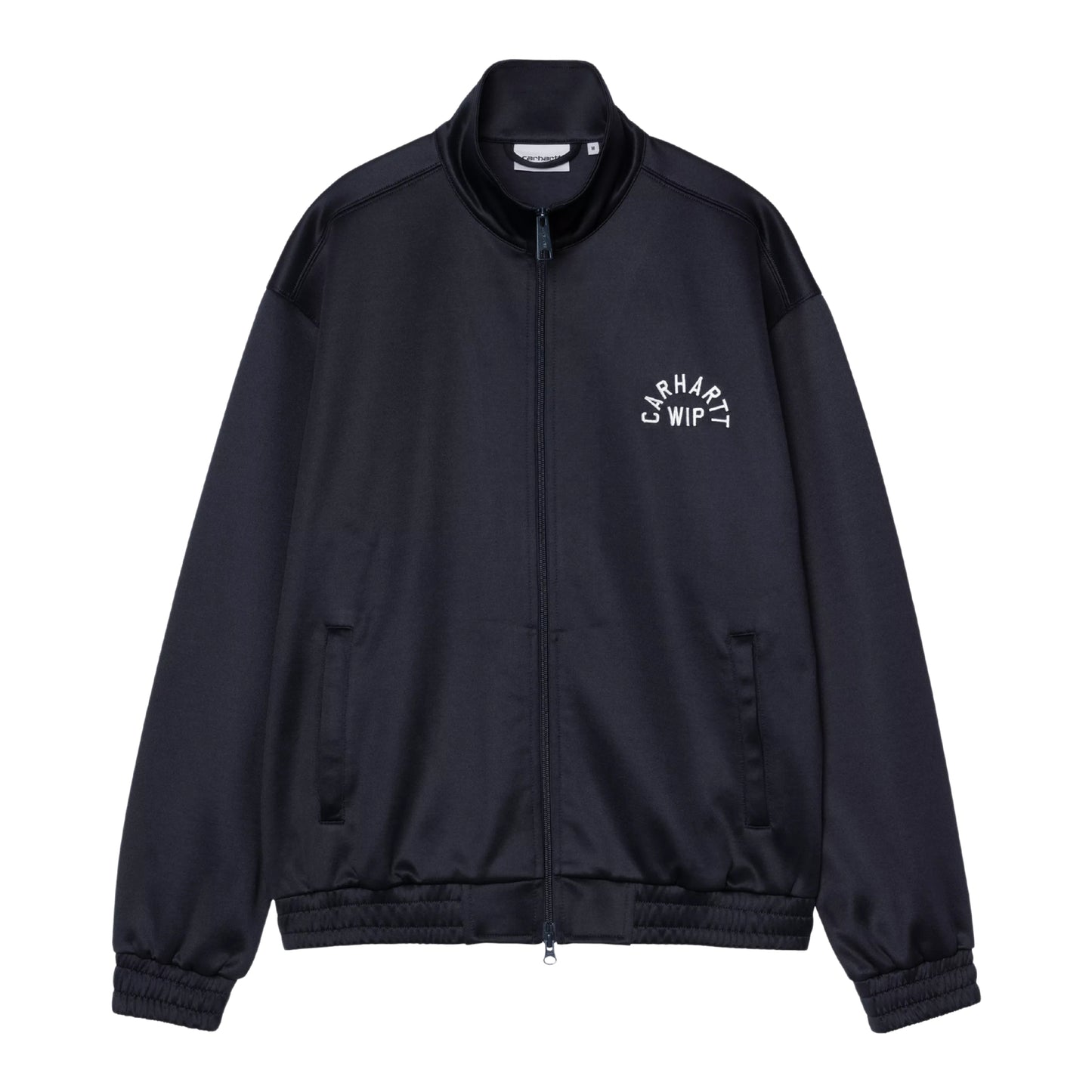 Casaco para homem Carhartt WIP Bolon Jacket em Dark Navy — produto sem modelo, vista frontal, detalhe do bordado tipográfico Carhartt WIP no peito, bolsos embutidos com fecho de correr e gola alta.