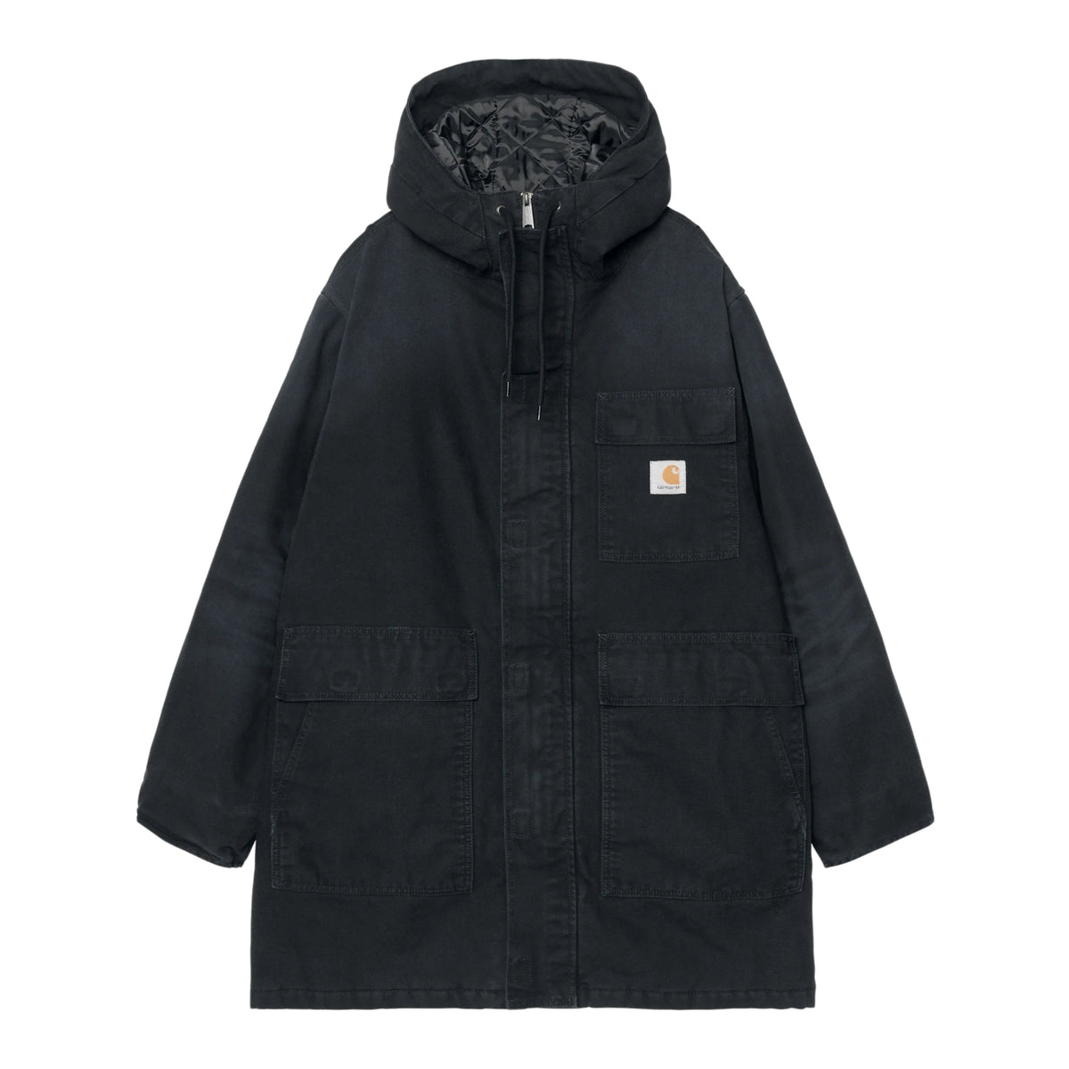 Vista frontal da parka Carhartt WIP Boreal Black Stone Canvas preta, com capuz, bolsos com pala e etiqueta quadrada no peito.