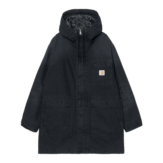 Vista frontal da parka Carhartt WIP Boreal Black Stone Canvas preta, com capuz, bolsos com pala e etiqueta quadrada no peito.