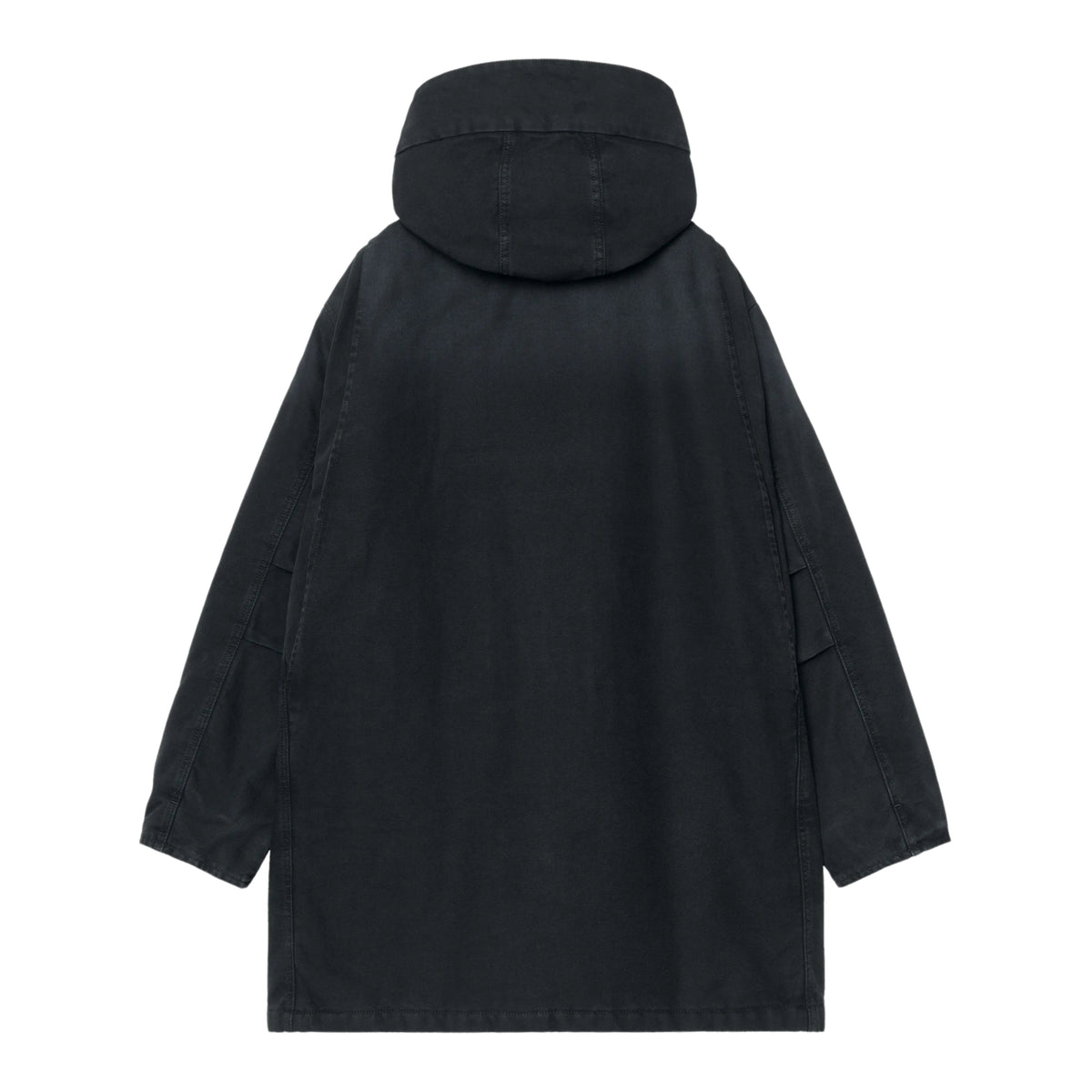 Vista traseira da parka Carhartt WIP Boreal Black Stone Canvas preta, com capuz pousado e costura central nas costas.