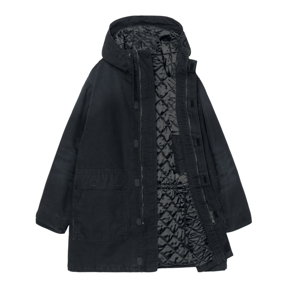 Parka Carhartt WIP Boreal Black Stone Canvas preta aberta, mostrando o forro acolchoado em losangos e o ajuste interior da cintura.