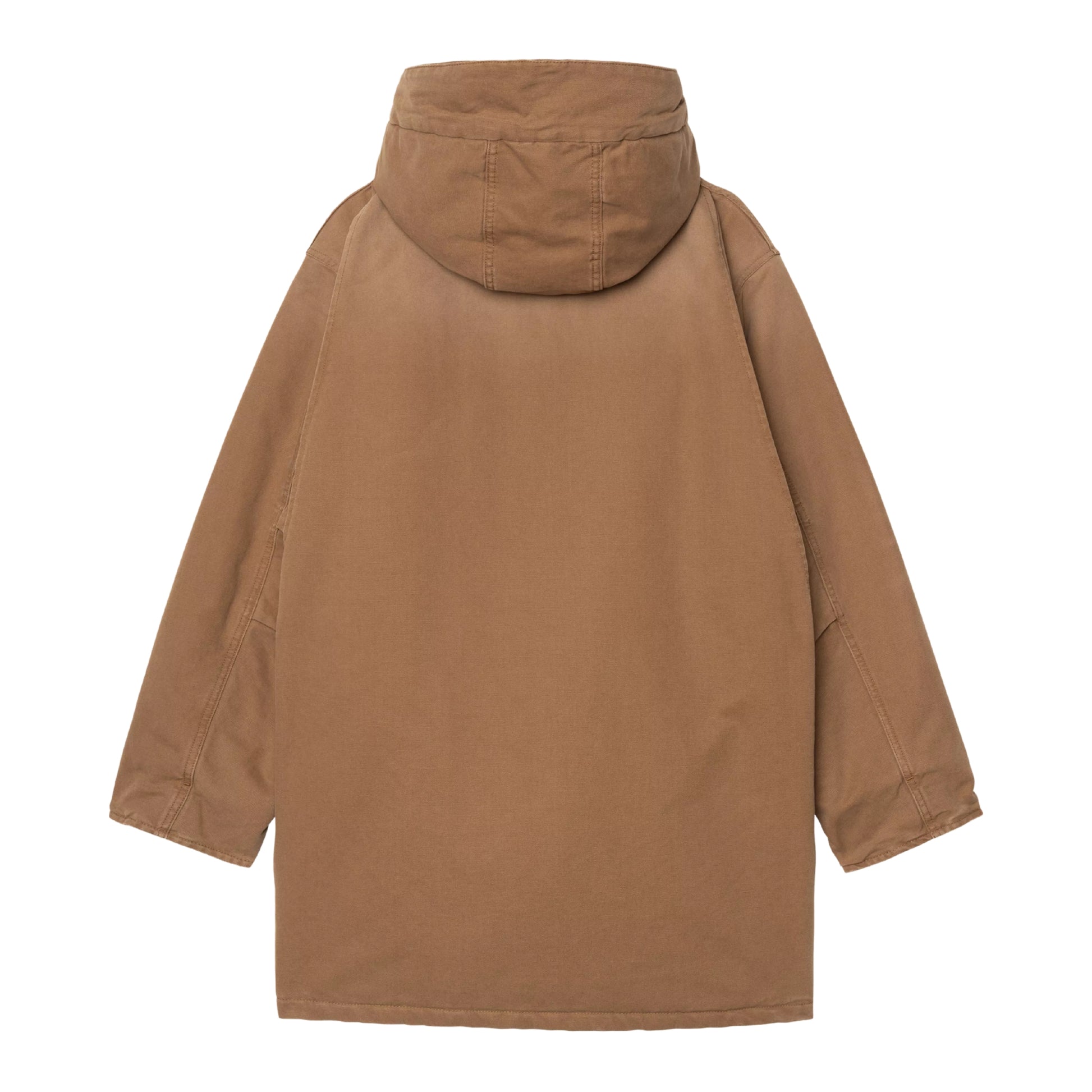 Parka Carhartt WIP Boreal em WIP H Brown — vista de costas sem modelo, corpo inteiro, lona Dearborn castanha, capuz volumoso com costuras traseiras, corte amplo abaixo da anca, punhos com nervura, fundo branco.
