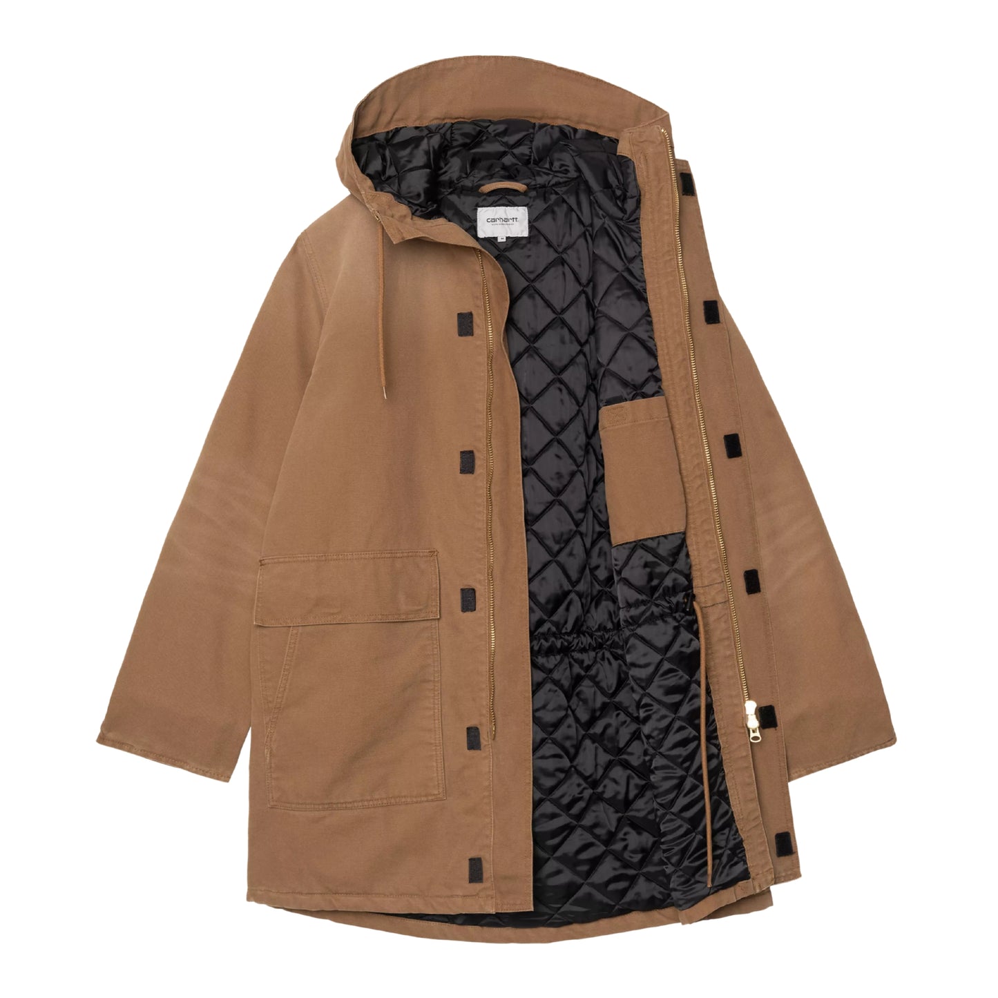 Parka Carhartt WIP Boreal em WIP H Brown — flat lay com fecho aberto, interior acolchoado preto com costuras em losango visível na totalidade, bolso interior em lona castanha, fecho de dois sentidos dourado, etiqueta Carhartt no colo, fundo branco.