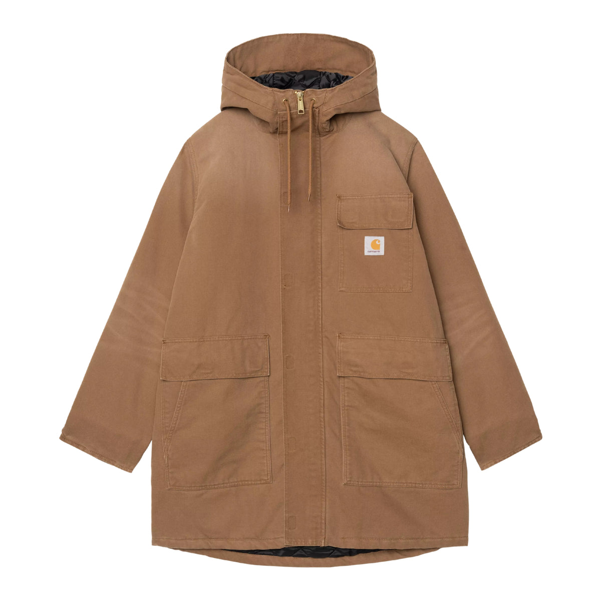 Parka Carhartt WIP Boreal em WIP H Brown — vista de frente sem modelo, corpo inteiro, fecho de correr oculto fechado com puxador dourado e cordão de ajuste no capuz, bolso de peito com patilha e logótipo Carhartt WIP, dois bolsos frontais de chapa, fundo branco.