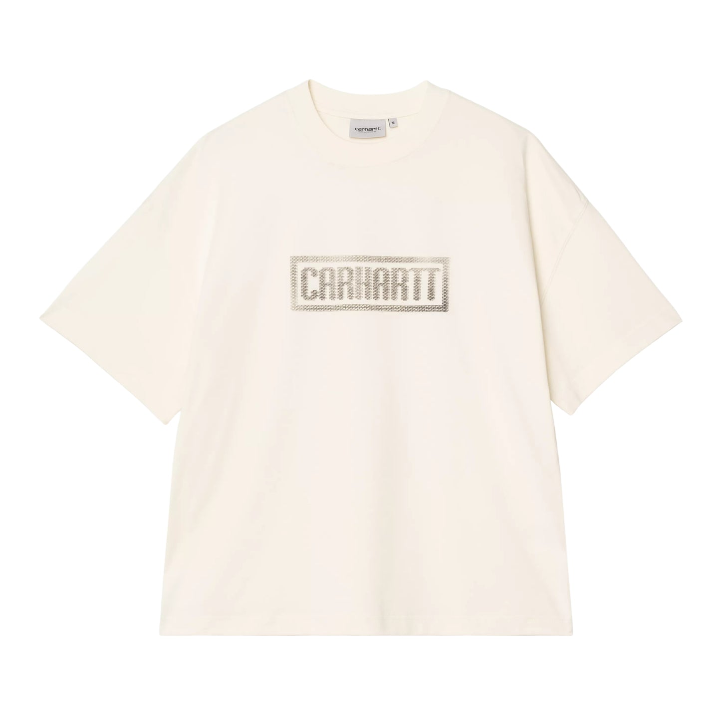 T-shirt Carhartt WIP S/S Bricky Man em Wax Stone Dyed — vista frontal, produto sem modelo, gráfico Bricky Man impresso ao centro do peito: logotipo "Carhartt" em caixa retangular com textura de tijolos em cinzento sobre bege creme, malha de algodão orgânico bege creme Wax stone-dyed com acabamento desbotado, corte boxy com ombros descaídos e manga curta larga, fundo branco.