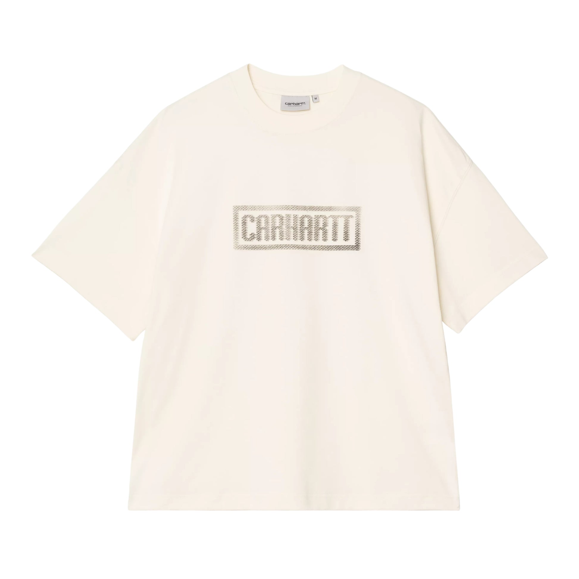 T-shirt Carhartt WIP S/S Bricky Man em Wax Stone Dyed — vista frontal, produto sem modelo, gráfico Bricky Man impresso ao centro do peito: logotipo "Carhartt" em caixa retangular com textura de tijolos em cinzento sobre bege creme, malha de algodão orgânico bege creme Wax stone-dyed com acabamento desbotado, corte boxy com ombros descaídos e manga curta larga, fundo branco.