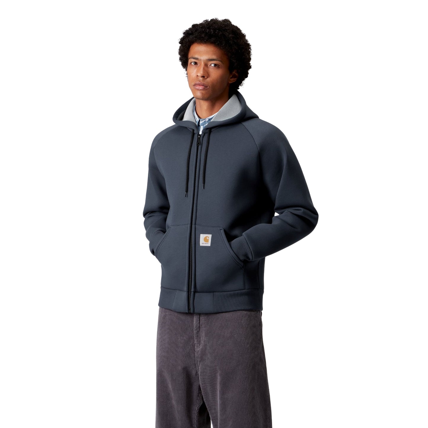 Casaco com carapuço para homem Carhartt WIP Car-Lux em Jupiter/Grey. Foto da parte da frente, vestido.