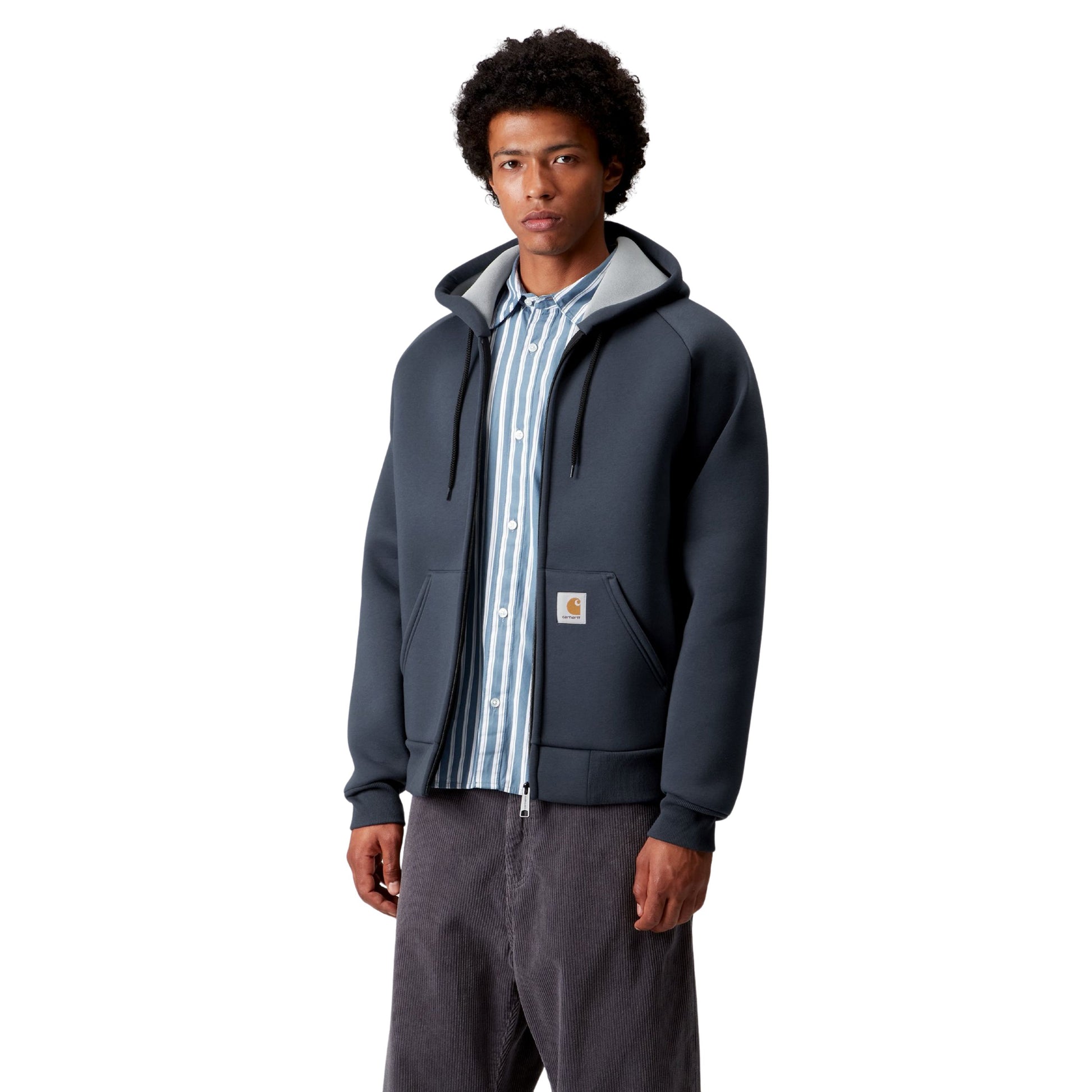 Casaco com carapuço para homem Carhartt WIP Car-Lux em Jupiter/Grey. Foto da parte da frente, vestido.