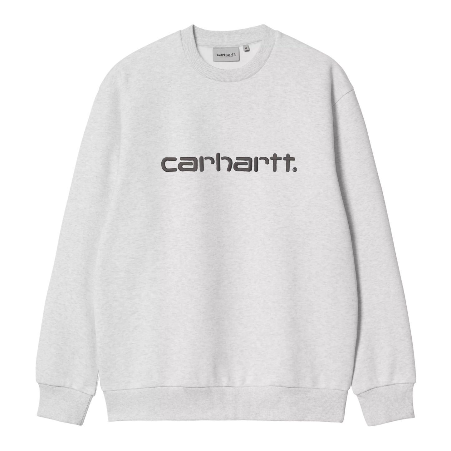 Sweat para homem Carhartt WIP Carhartt Sweatshirt em Ash Heather / Graphite — produto sem modelo, vista frontal, detalhe do logo Script "carhartt." bordado em Graphite no peito, decote redondo e nervuras nos punhos e parte inferior.