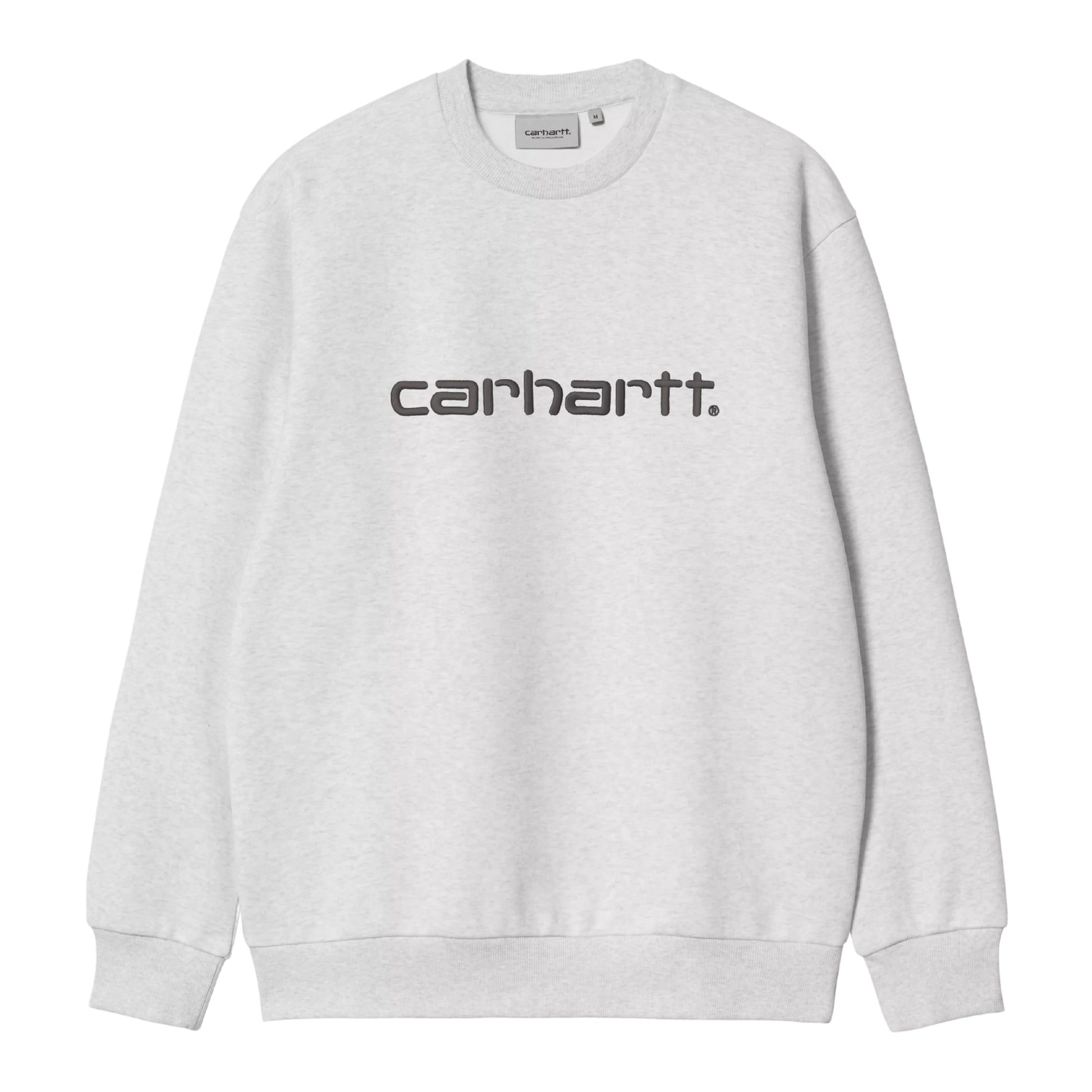 Sweat para homem Carhartt WIP Carhartt Sweatshirt em Ash Heather / Graphite — produto sem modelo, vista frontal, detalhe do logo Script "carhartt." bordado em Graphite no peito, decote redondo e nervuras nos punhos e parte inferior.