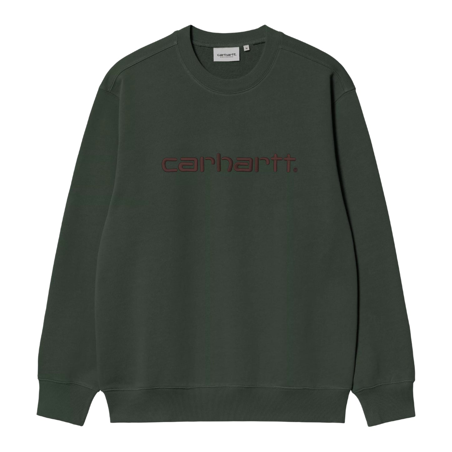 Sweatshirt Carhartt WIP Carhartt Sweat em Dark Scarab — vista frontal, produto sem modelo, logótipo Script "carhartt." bordado ao peito em Palisander (bordeaux escuro) centrado, etiqueta Carhartt WIP branca na gola interior visível, decote redondo canelado, bainha e punhos canelados, corte solto com ombros descaídos, malha escovada verde Dark Scarab, fundo branco.
