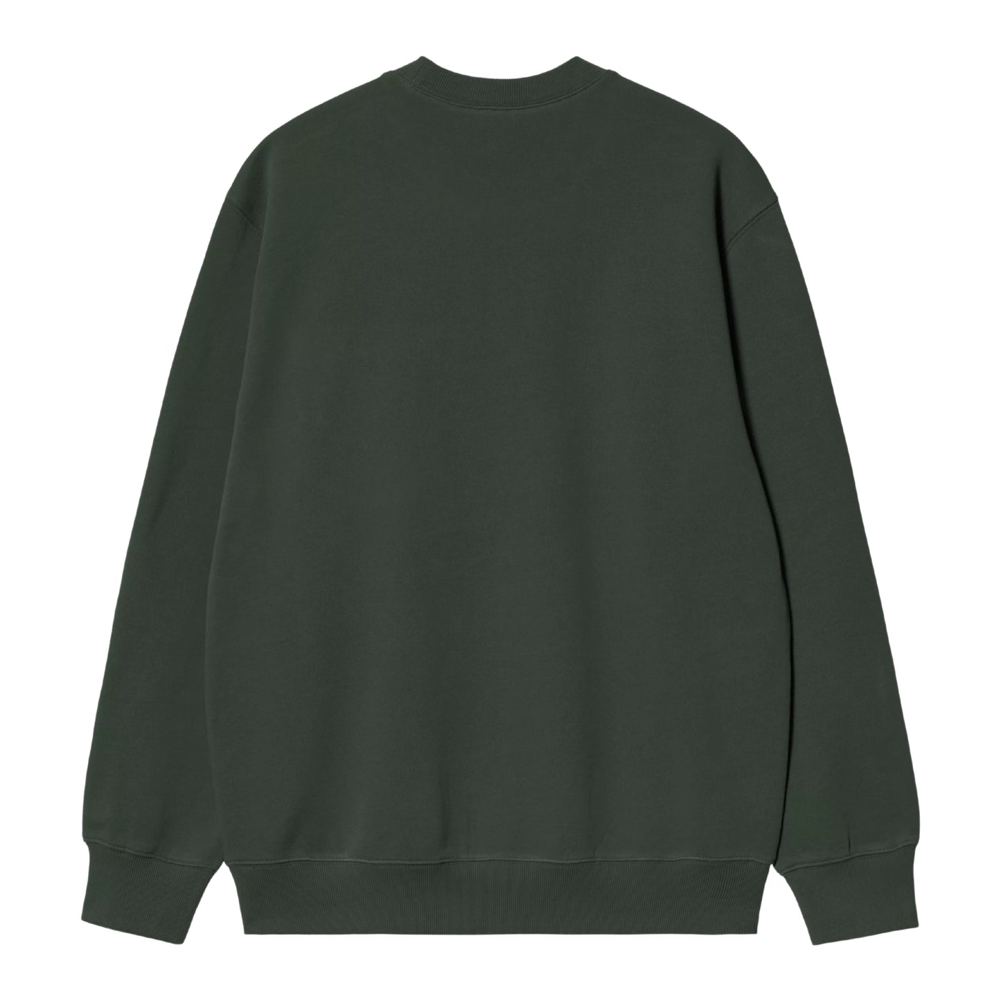 Sweatshirt Carhartt WIP Carhartt Sweat em Dark Scarab — vista traseira, produto sem modelo, costas lisas sem gráfico, bainha e punhos canelados visíveis, corte solto com ombros descaídos, malha escovada verde Dark Scarab, fundo branco.