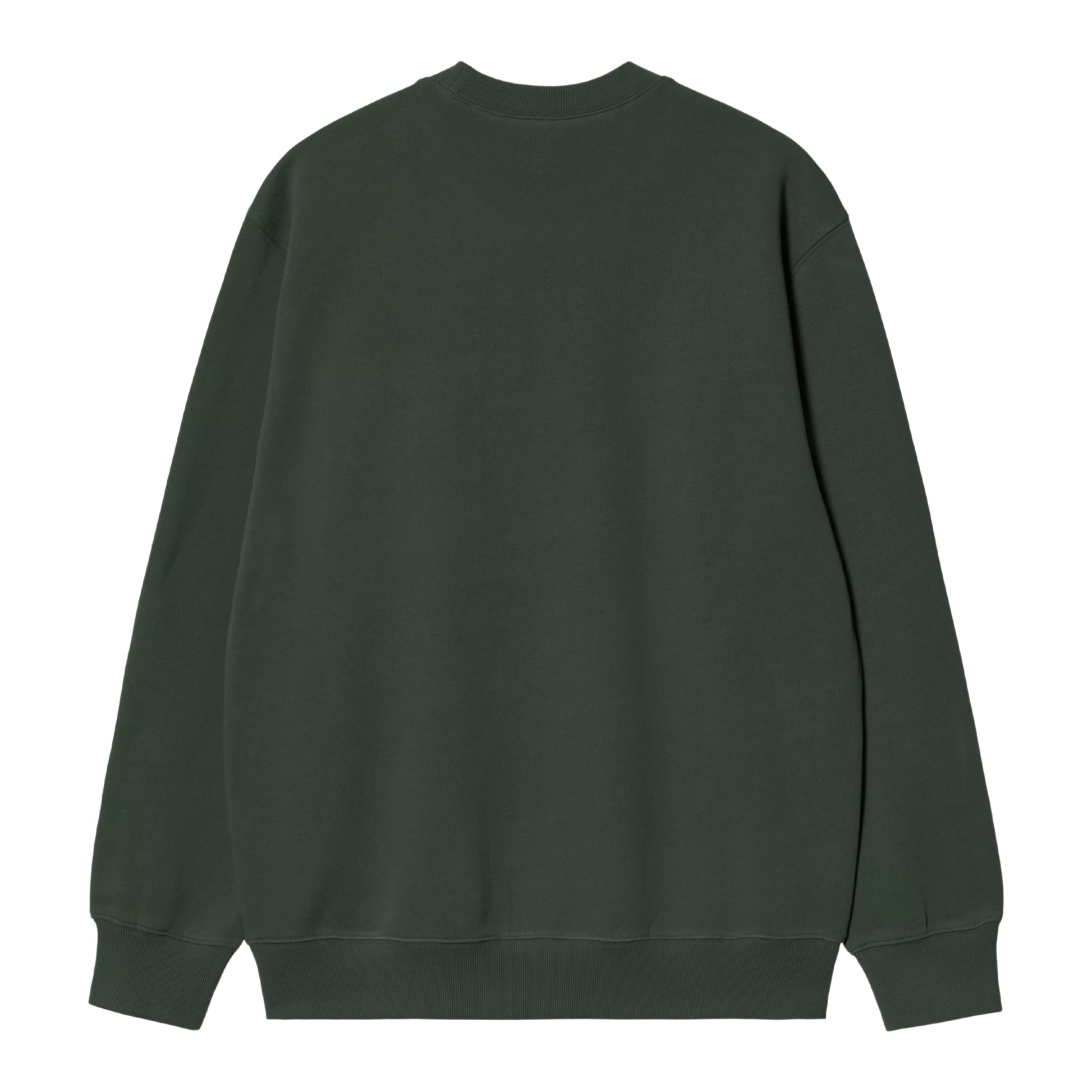 Sweatshirt Carhartt WIP Carhartt Sweat em Dark Scarab — vista traseira, produto sem modelo, costas lisas sem gráfico, bainha e punhos canelados visíveis, corte solto com ombros descaídos, malha escovada verde Dark Scarab, fundo branco.