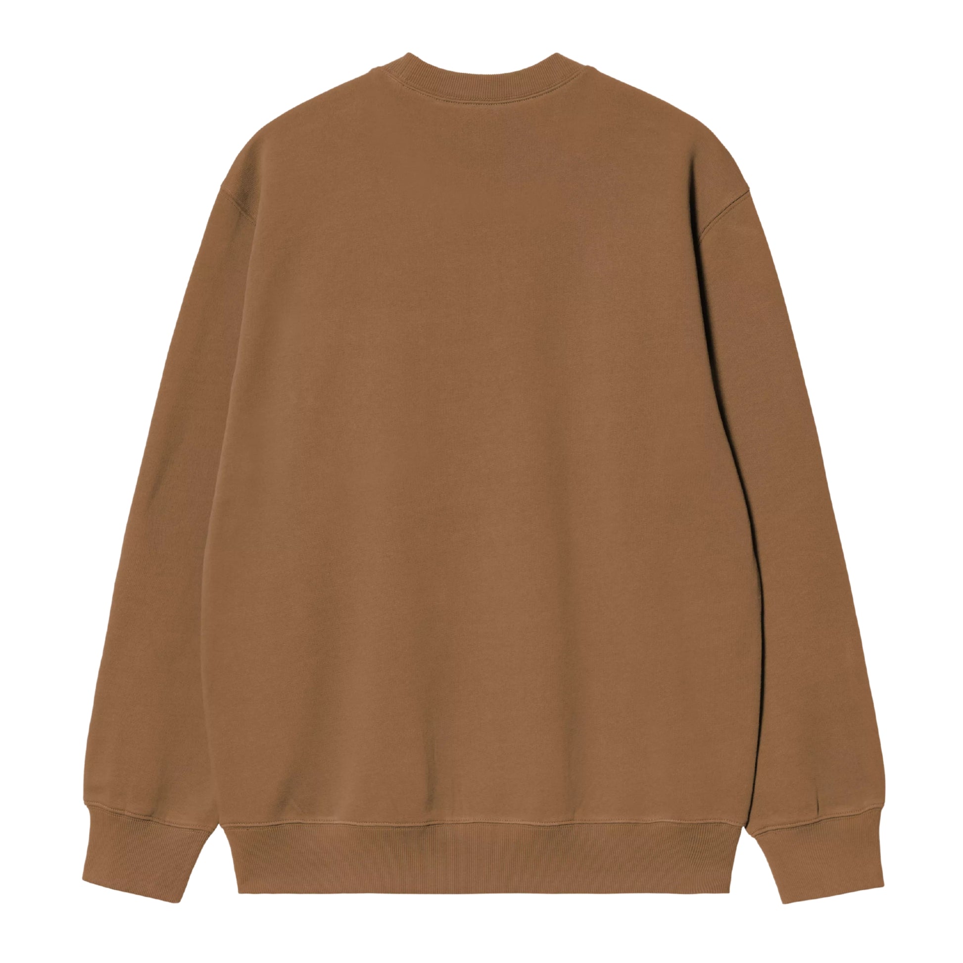 Sweatshirt Carhartt WIP Carhartt Sweat em WIP H Brown / Black — vista traseira, produto sem modelo, costas lisas sem gráfico, bainha e punhos canelados, corte solto com ombros descaídos, malha escovada WIP H Brown, fundo branco.