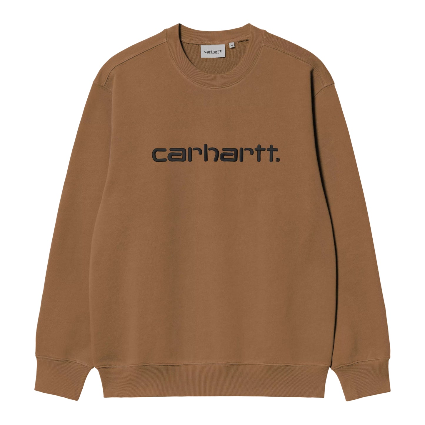 Sweatshirt Carhartt WIP Carhartt Sweat em WIP H Brown / Black — vista frontal, produto sem modelo, logótipo Script "carhartt.®" bordado em Black no peito, etiqueta Carhartt WIP branca na gola interior, decote redondo, bainha e punhos canelados, malha escovada WIP H Brown, fundo branco.