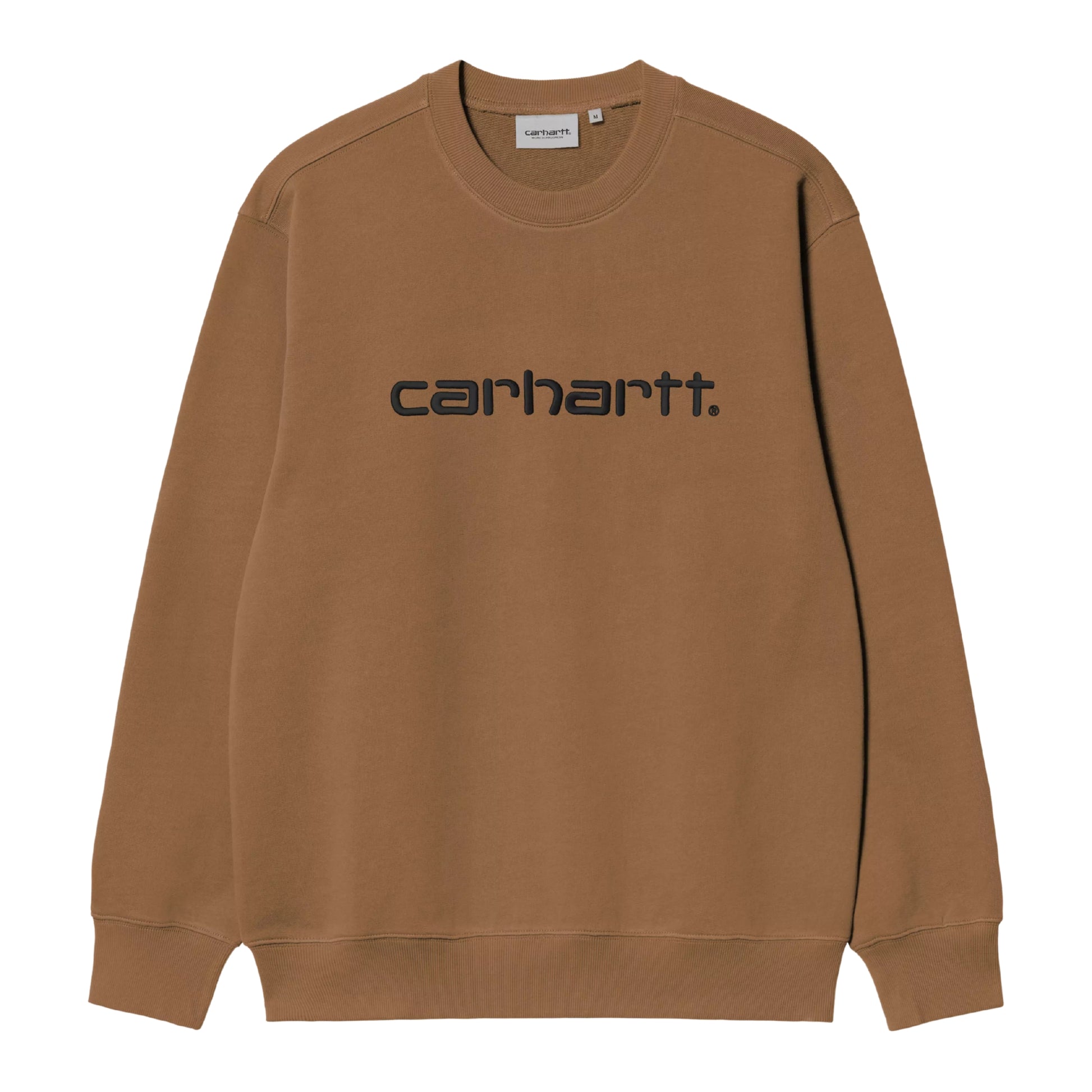 Sweatshirt Carhartt WIP Carhartt Sweat em WIP H Brown / Black — vista frontal, produto sem modelo, logótipo Script "carhartt.®" bordado em Black no peito, etiqueta Carhartt WIP branca na gola interior, decote redondo, bainha e punhos canelados, malha escovada WIP H Brown, fundo branco.