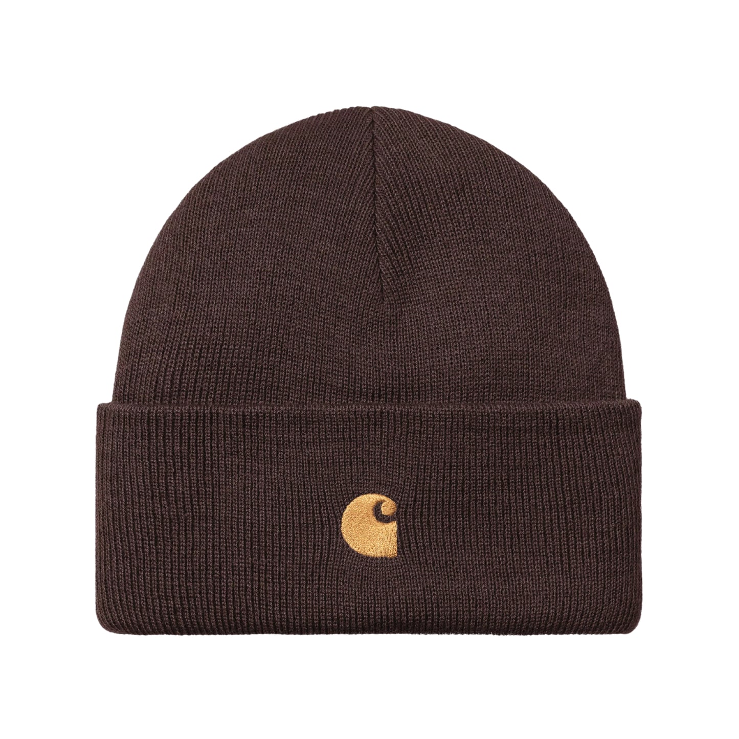 Gorro Carhartt WIP Chase Beanie em Palisander / Gold — produto sem modelo, vista frontal, detalhe do logo "C" bordado a dourado na dobra.