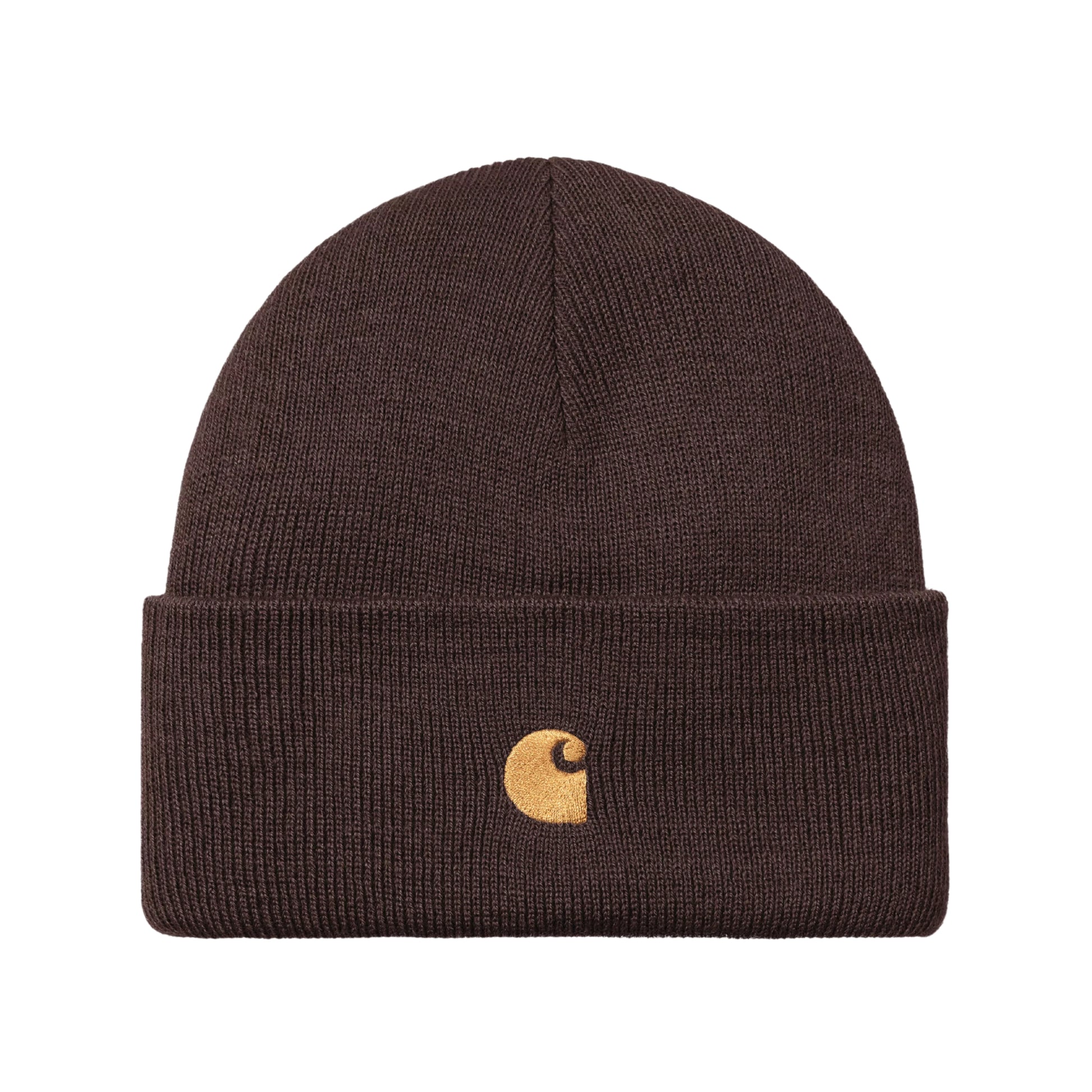Gorro Carhartt WIP Chase Beanie em Palisander / Gold — produto sem modelo, vista frontal, detalhe do logo "C" bordado a dourado na dobra.