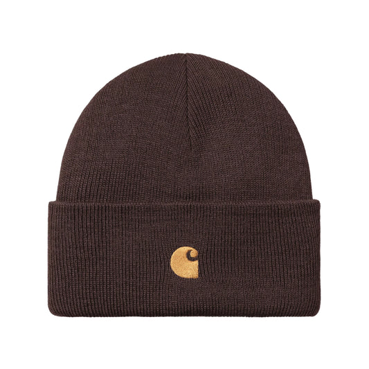 Gorro Carhartt WIP Chase Beanie em Palisander / Gold — produto sem modelo, vista frontal, detalhe do logo "C" bordado a dourado na dobra.