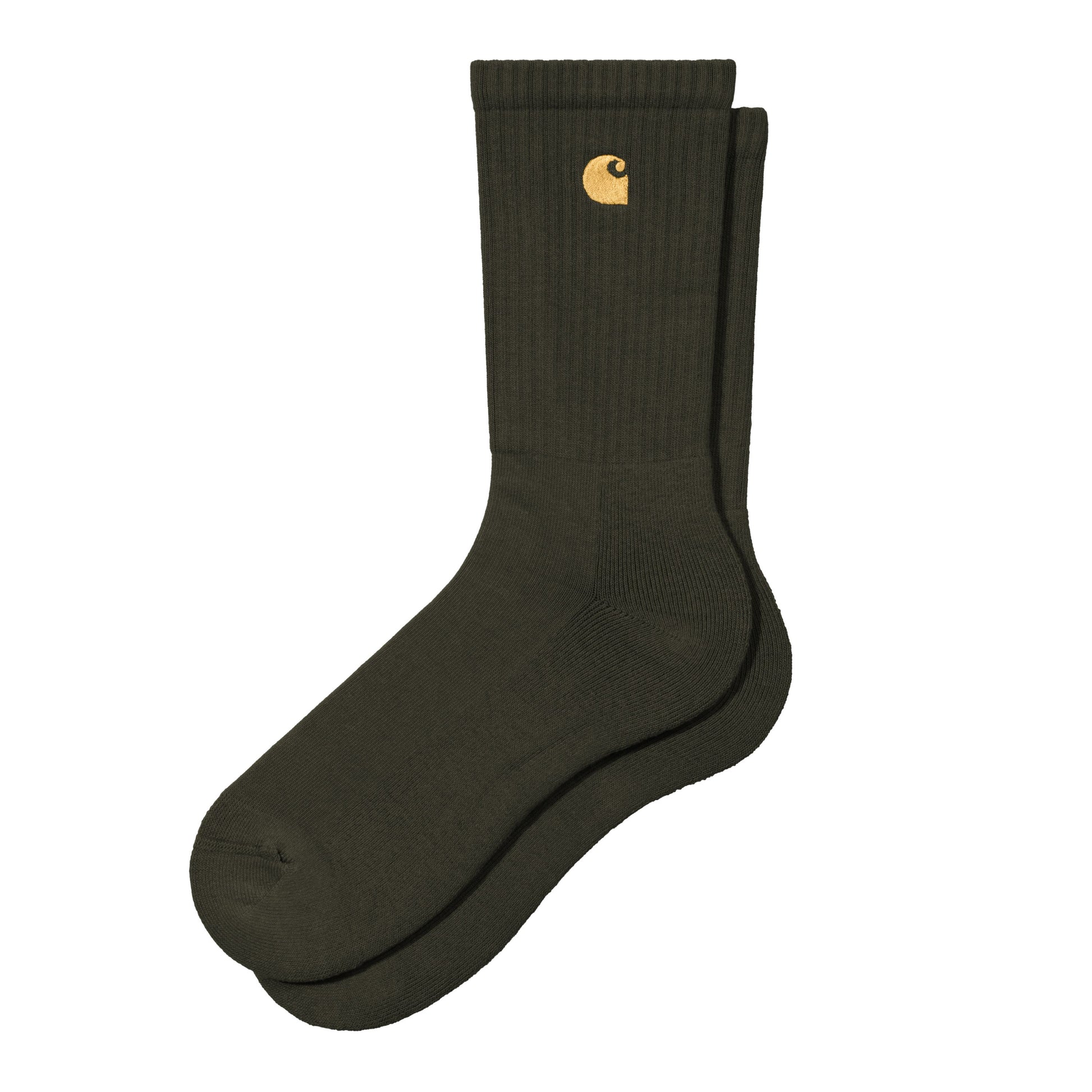 Meias unissexo Carhartt WIP Chase em Olive/Gold. Foto do par.