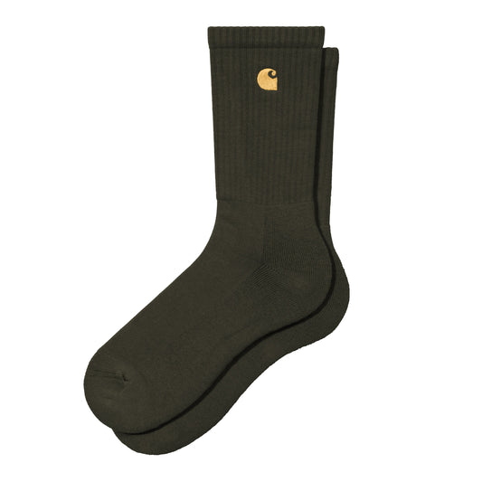 Meias unissexo Carhartt WIP Chase em Olive/Gold. Foto do par.