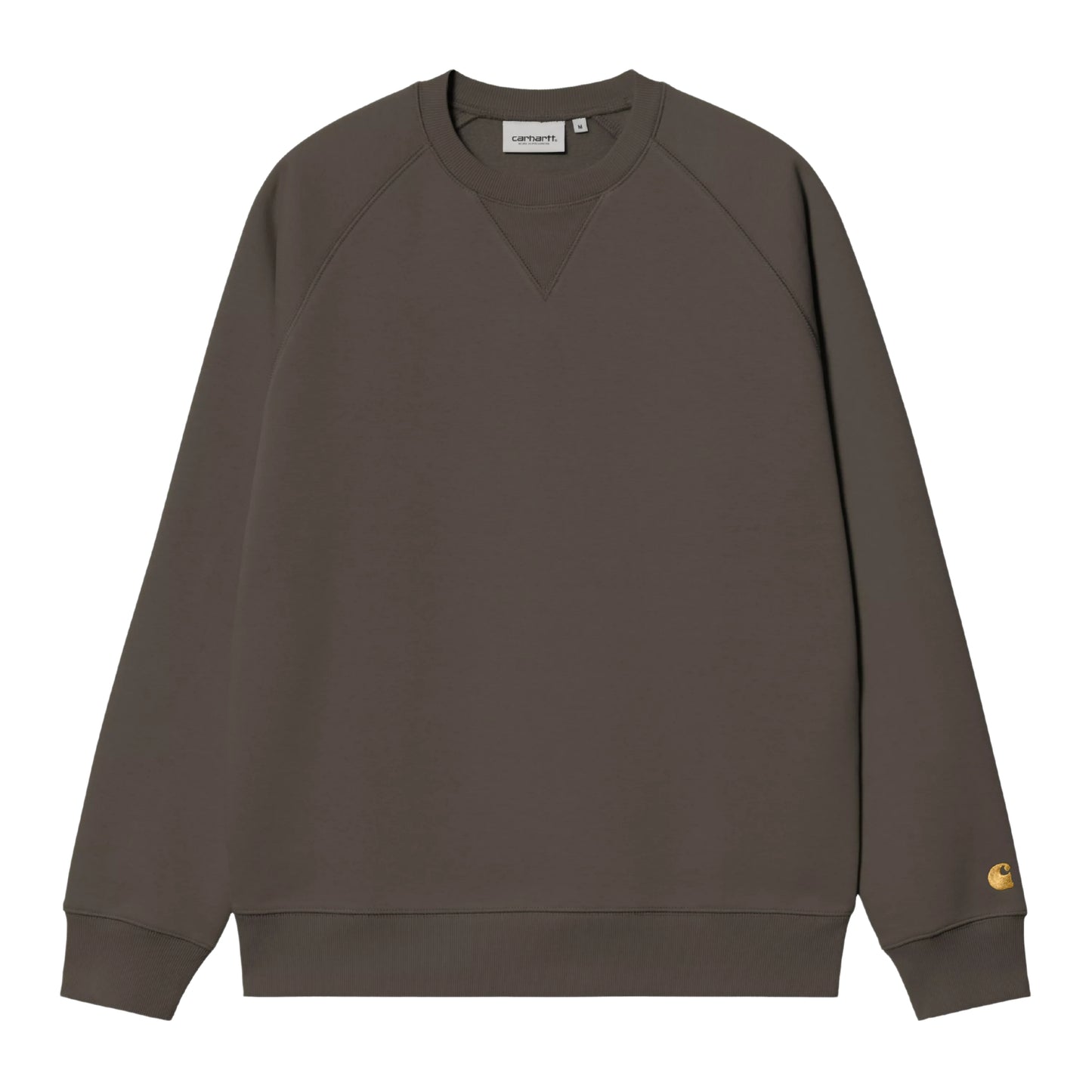 Sweat para homem Carhartt WIP Chase em Shungite / Gold — produto sem modelo, vista frontal, detalhe do logo "C" bordado a dourado na manga esquerda e mangas raglan.