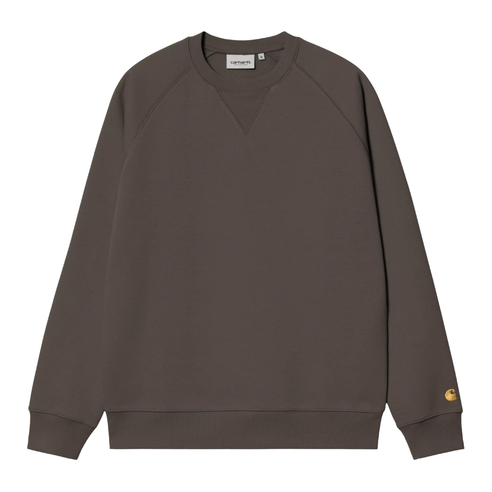 Sweat para homem Carhartt WIP Chase em Shungite / Gold — produto sem modelo, vista frontal, detalhe do logo "C" bordado a dourado na manga esquerda e mangas raglan.