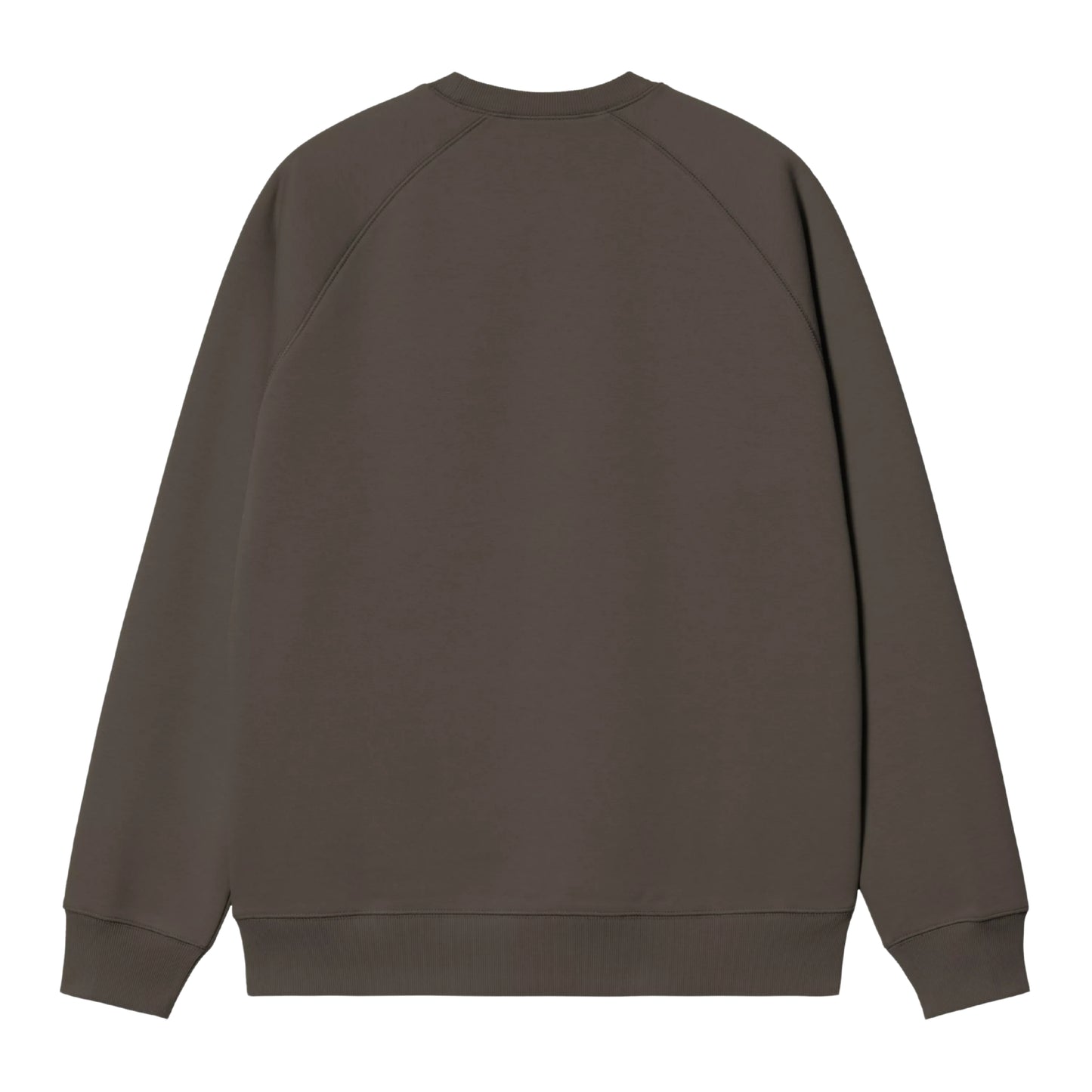 Sweat para homem Carhartt WIP Chase em Shungite / Gold — produto sem modelo, vista traseira, detalhe das mangas raglan e nervuras no punho e parte inferior.
