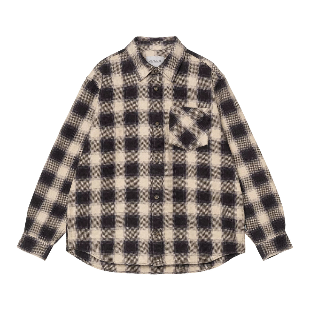 Camisa de manga comprida Carhartt WIP L/S Dayne em Dayne Check Shady Purple — flat lay de frente, camisa de xadrez em bege e roxo escuro, colarinho aberto, botões escuros, bolso no peito com aba, etiqueta Carhartt na gola visível, fundo branco.