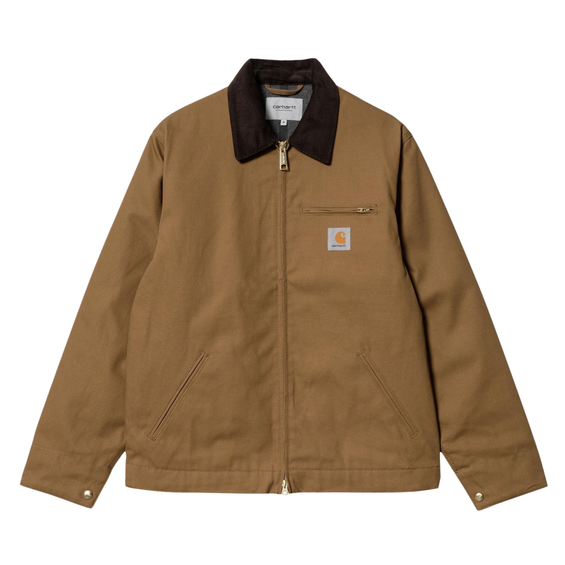Casaco para homem Carhartt WIP Detroit em Castanho Hamilton/Tobacco Rigid. Foto da parte da frente, fechado.