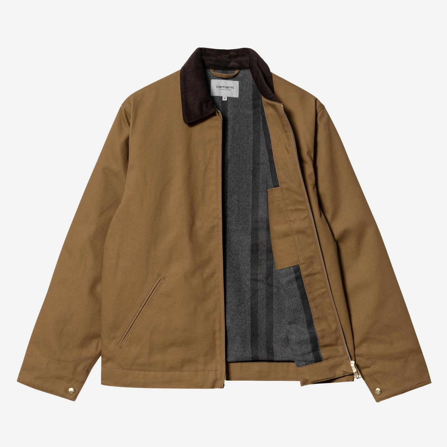 Casaco para homem Carhartt WIP Detroit em Castanho Hamilton/Tobacco Rigid. Foto da parte da frente, aberto.