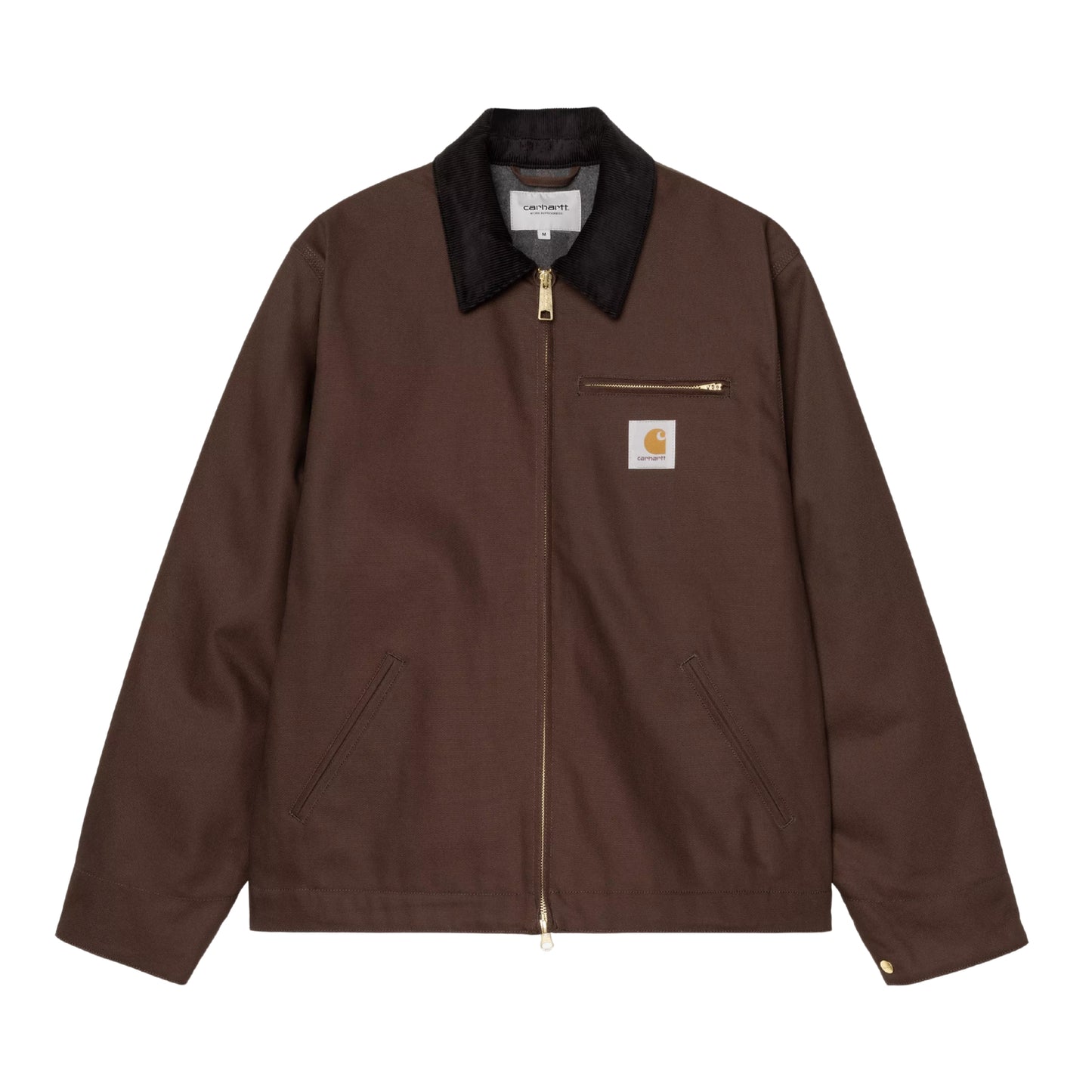 Casaco Carhartt WIP Detroit Jacket em Tobacco / Black Rigid — vista frontal, produto sem modelo, fechado, gola em bombazine preta, bolso de peito com fecho de correr dourado e patch Carhartt WIP, bolsos laterais com debrum e fecho de correr bidirecional dourado central visíveis, fundo branco.