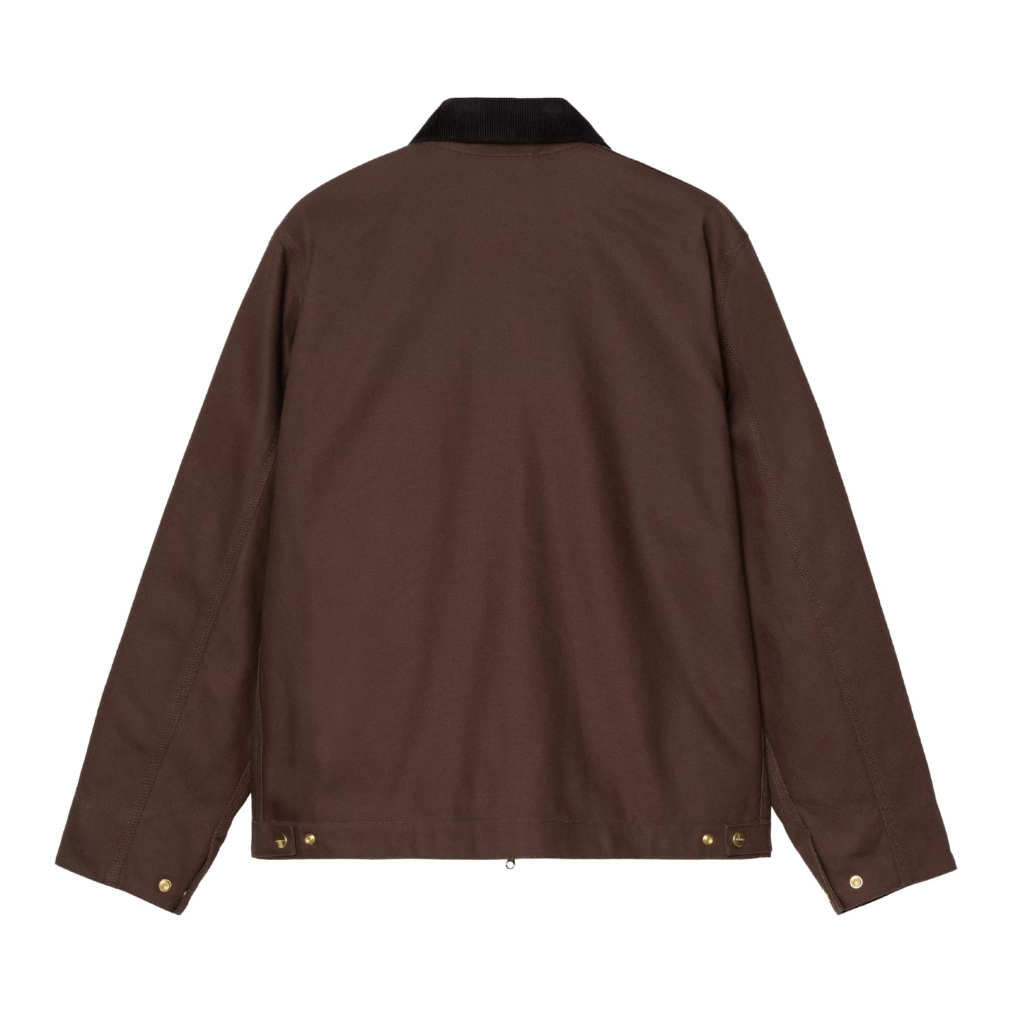 Casaco Carhartt WIP Detroit Jacket em Tobacco / Black Rigid — vista traseira, produto sem modelo, costas limpas em lona Dearborn Tobacco, gola em bombazine preta, punhos ajustáveis com rebites dourados e fecho de correr bidirecional dourado na bainha visíveis, fundo branco.