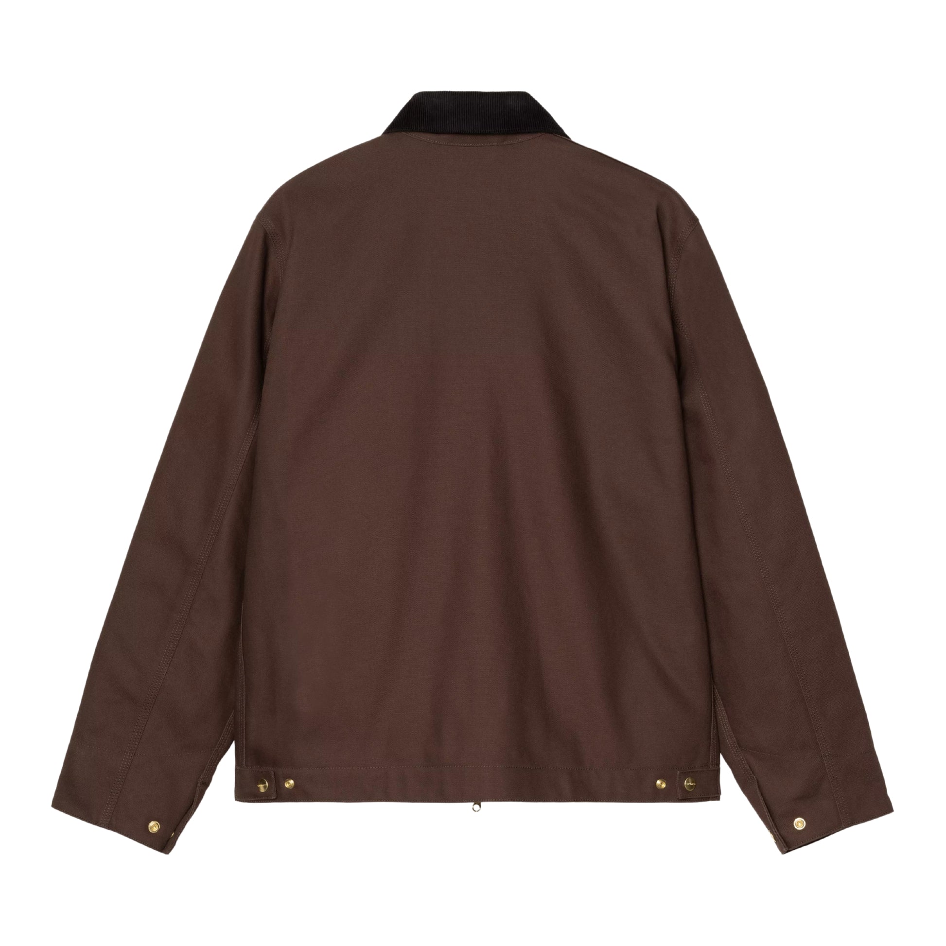 Casaco Carhartt WIP Detroit Jacket em Tobacco / Black Rigid — vista traseira, produto sem modelo, costas limpas em lona Dearborn Tobacco, gola em bombazine preta, punhos ajustáveis com rebites dourados e fecho de correr bidirecional dourado na bainha visíveis, fundo branco.