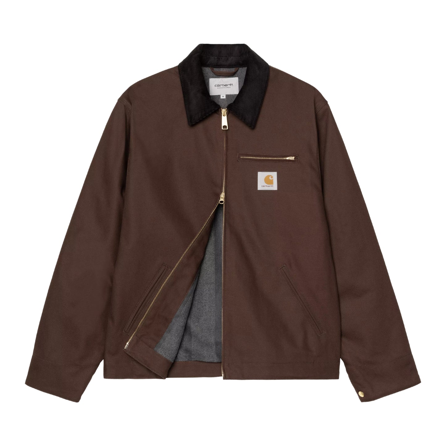 Casaco Carhartt WIP Detroit Jacket em Tobacco / Black Rigid — vista frontal, produto sem modelo, aberto a revelar forro interior em flanela cinza, gola em bombazine preta com etiqueta Carhartt WIP branca no interior, bolso de peito com fecho de correr dourado e patch Carhartt WIP, fecho de correr bidirecional dourado e bolsos laterais com debrum visíveis, fundo branco.