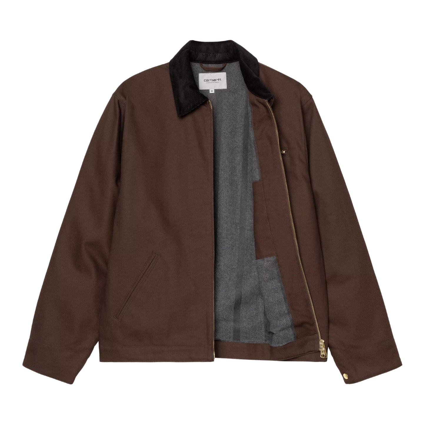 Casaco Carhartt WIP Detroit Jacket em Tobacco / Black Rigid — vista frontal, produto sem modelo, aberto a revelar forro interior em tecido quente cinza com bolso interior visível, gola em bombazine preta e etiqueta Carhartt WIP no interior do colarinho visíveis, fundo branco.