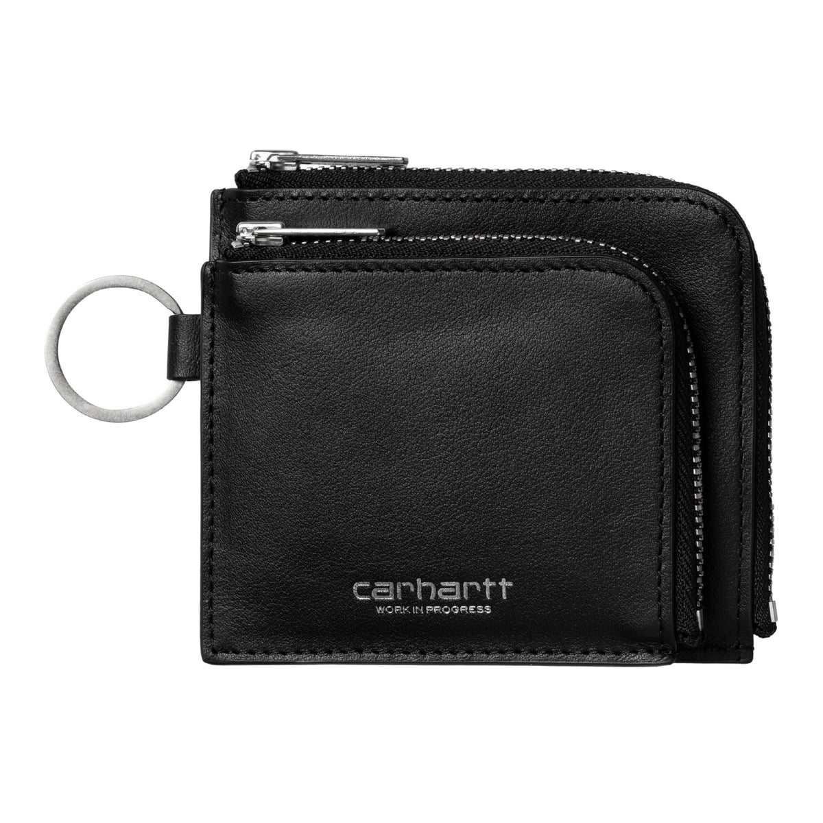 Carteira unissexo Carhartt WIP Double Vegas Zip em Preto/Prateado. Foto da parte da frente.