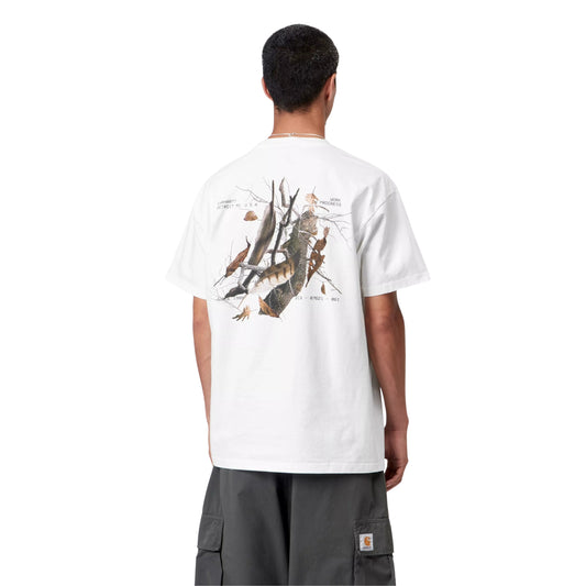 T-shirt Carhartt WIP S/S Feather Progress em White — modelo masculino de costas, cabelo curto escuro, calças cargo cinzento-escuro Carhartt WIP com etiqueta dourada na perna, impressão gráfica naturalista de aves e penas em tons castanhos e verde-oliva com ramos secos e folhas secas nas costas, texto "Carhartt Detroit MI U.S.A. / Work In Progress / Since 1989 / 313 – 07621 – 061" visível acima do gráfico, malha de algodão biológico branco, fundo branco.